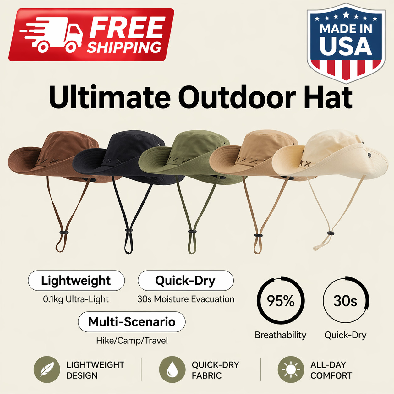 Outdoor Boonie Hat for Men Women Wide Brim UV Protection Windproof Chin Strap