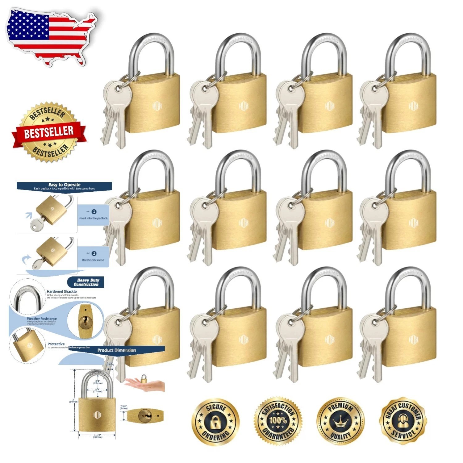 Heavy Duty 12-Pack Padlocks, Solid Brass, Keyed Alike, All-Weather Security