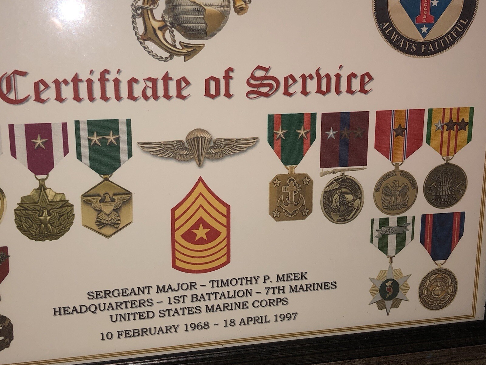 U.S. MARINE CORPS CERTIFICATE OF SERVICE / SHADOW BOX PRINT / W-MEDALS