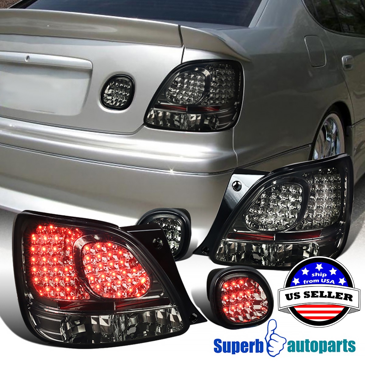 Fits 1998-2005 Lexus GS300 GS400 GS430 LED Tail Lights Smoke 4PC Left+Right