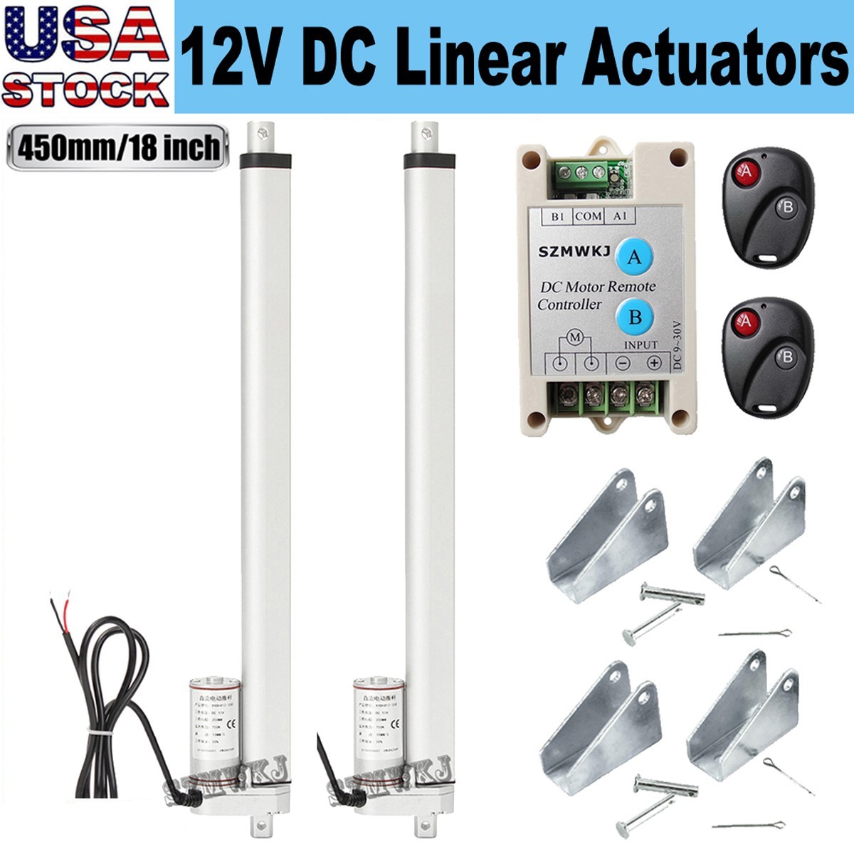 Set of 2 18" Linear Actuator 12V DC Motor & Remote Control Heavy Duty 220lbs Car