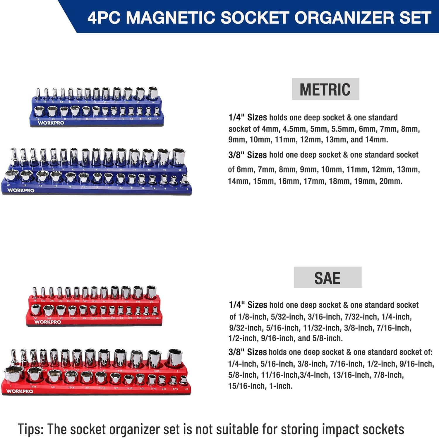 Magnetic Socket Organizer Set, 4-Piece Socket Holder Set Includes 1/4", 3/8" Dri