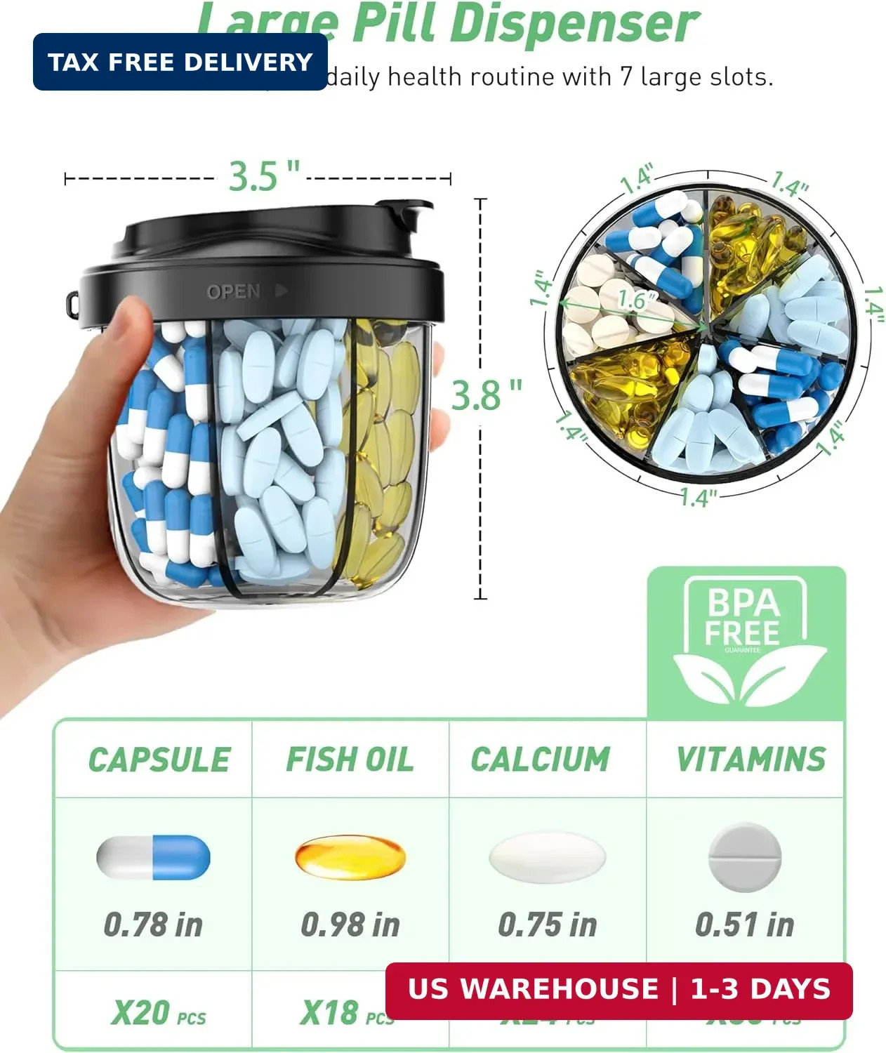 Pill Organizer,Pill Dispenser with 7 Large Compartments,Portable Pill Bottle Box