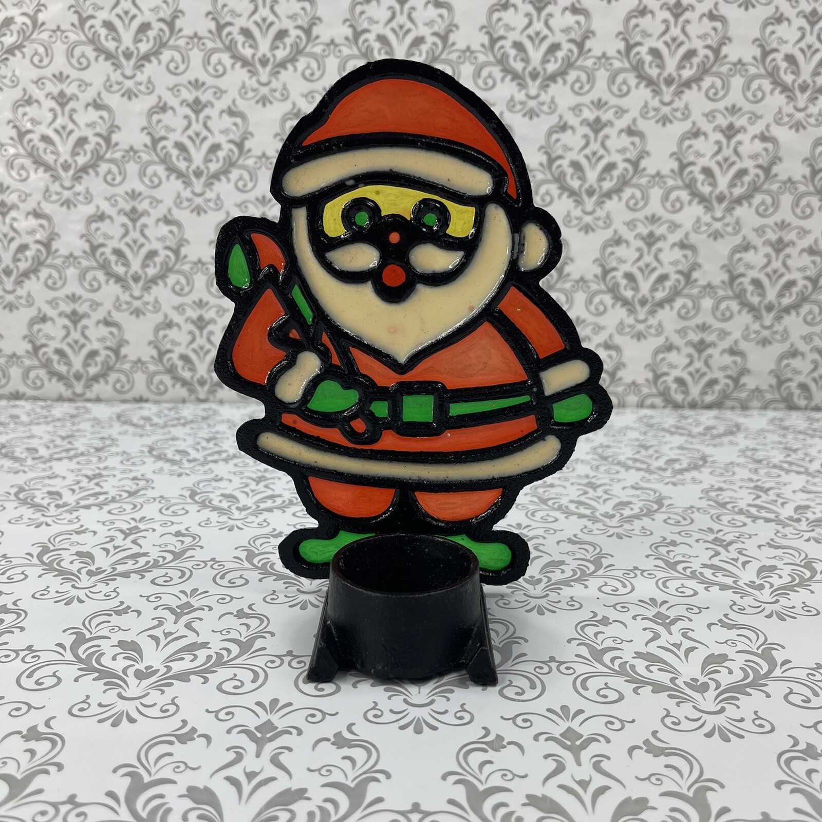 Stained Glass Christmas Candle Holder 7" Collectible Ornament Seasonal Vintage