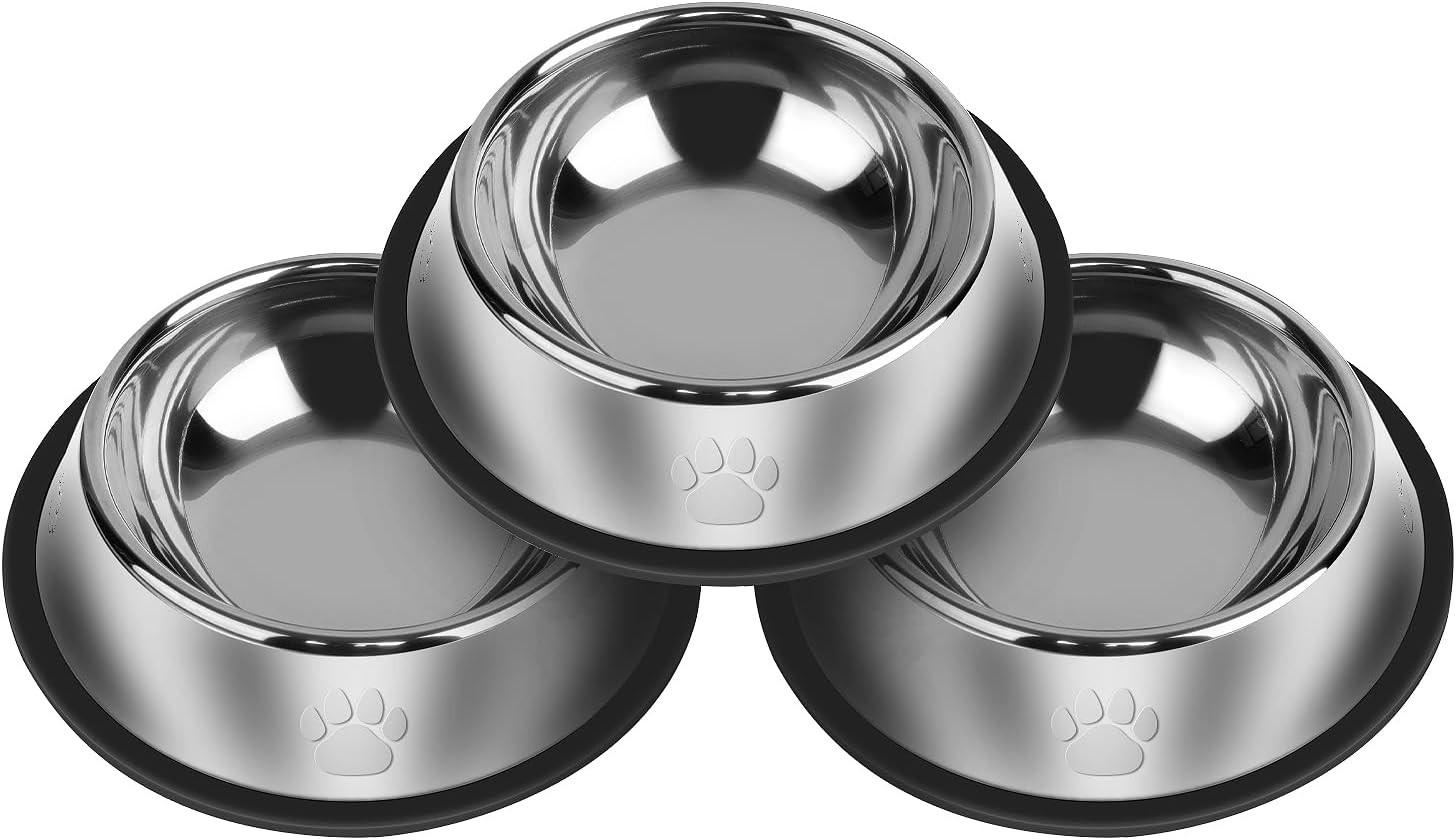 3Pcs Stainless Steel Dog Bowls Set Non-Slip Food Water Bowl Rust Resistant Metal