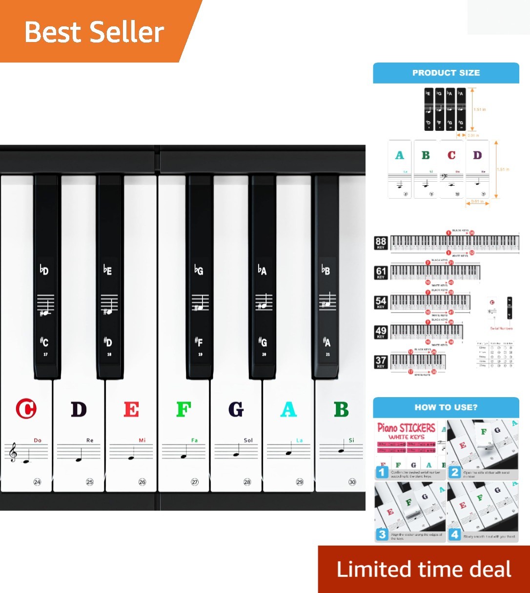 Multicolor Removable Piano Note Stickers for 88/61/49/37 Keys - Beginners Choice