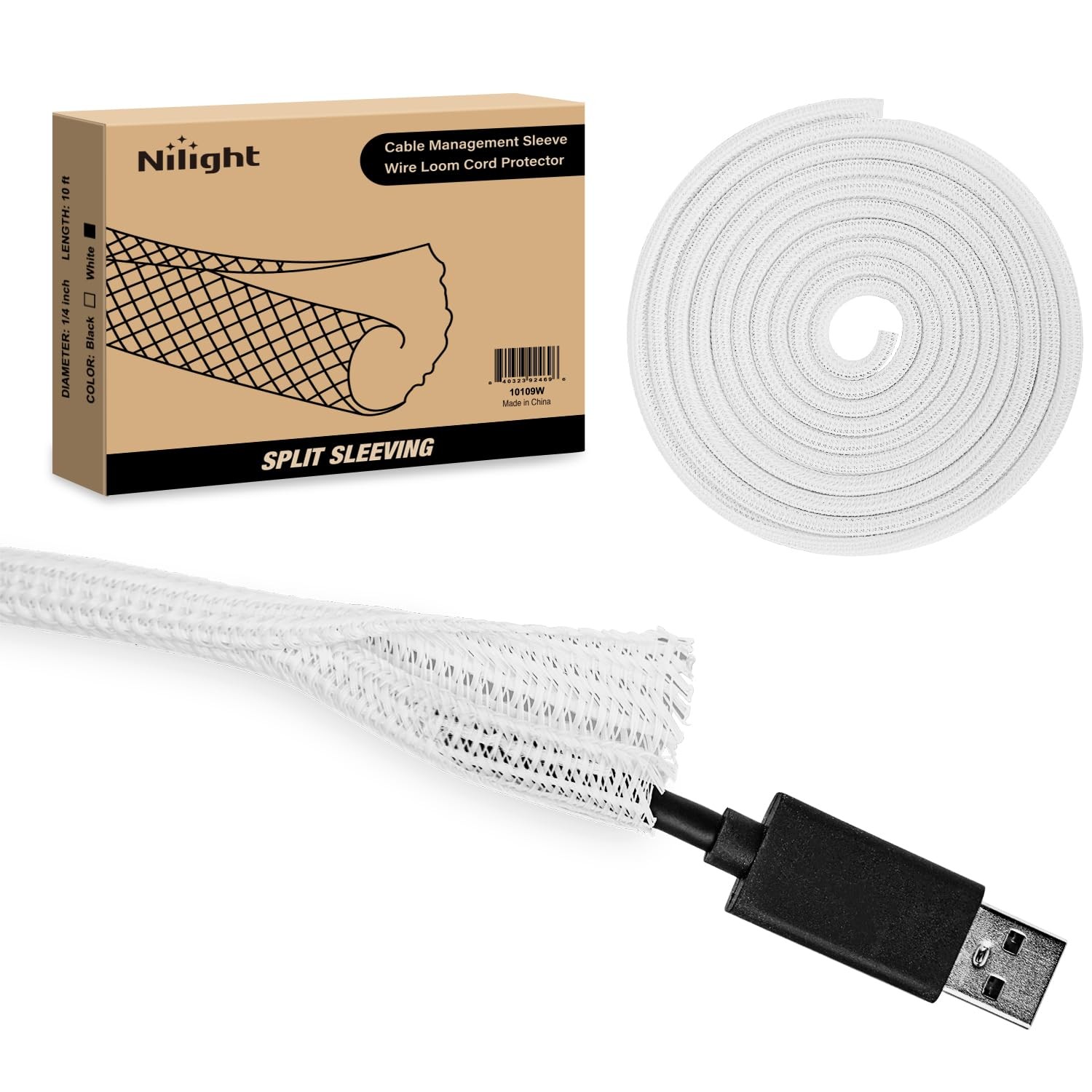 Nilight Cable Sleeve,10ft-1/4inch Cord Management Sleeves, 1/4"-10ft, White