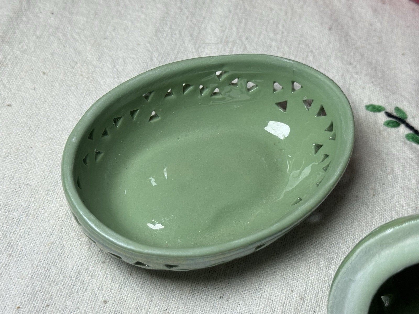 Green Lusterware Floral Easter Egg Shaped Porcelain Trinket Box with Lid