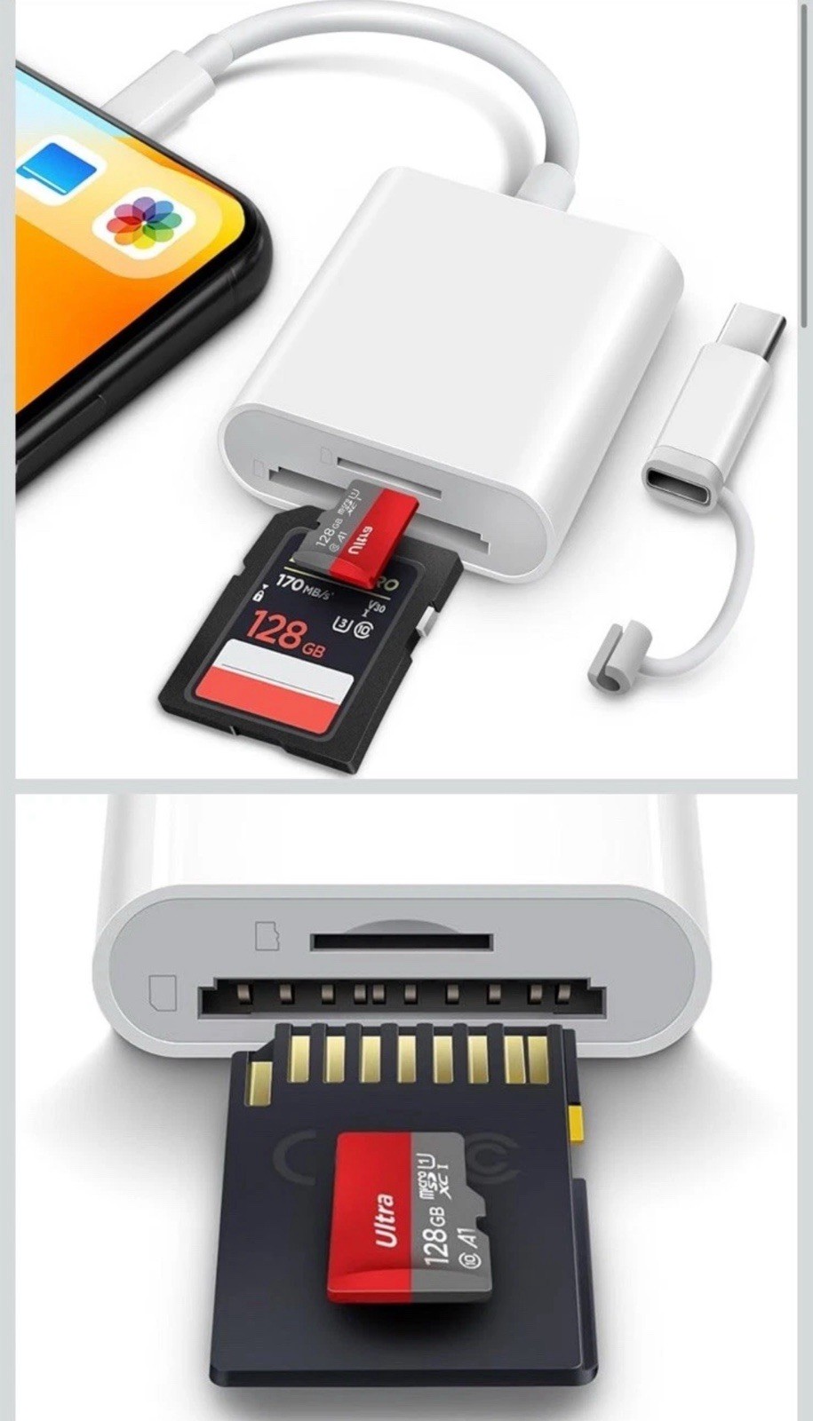 SD Card Reader for iPhone iPad, &USB-C Dual Connector, Support SD/MicroSD Cards