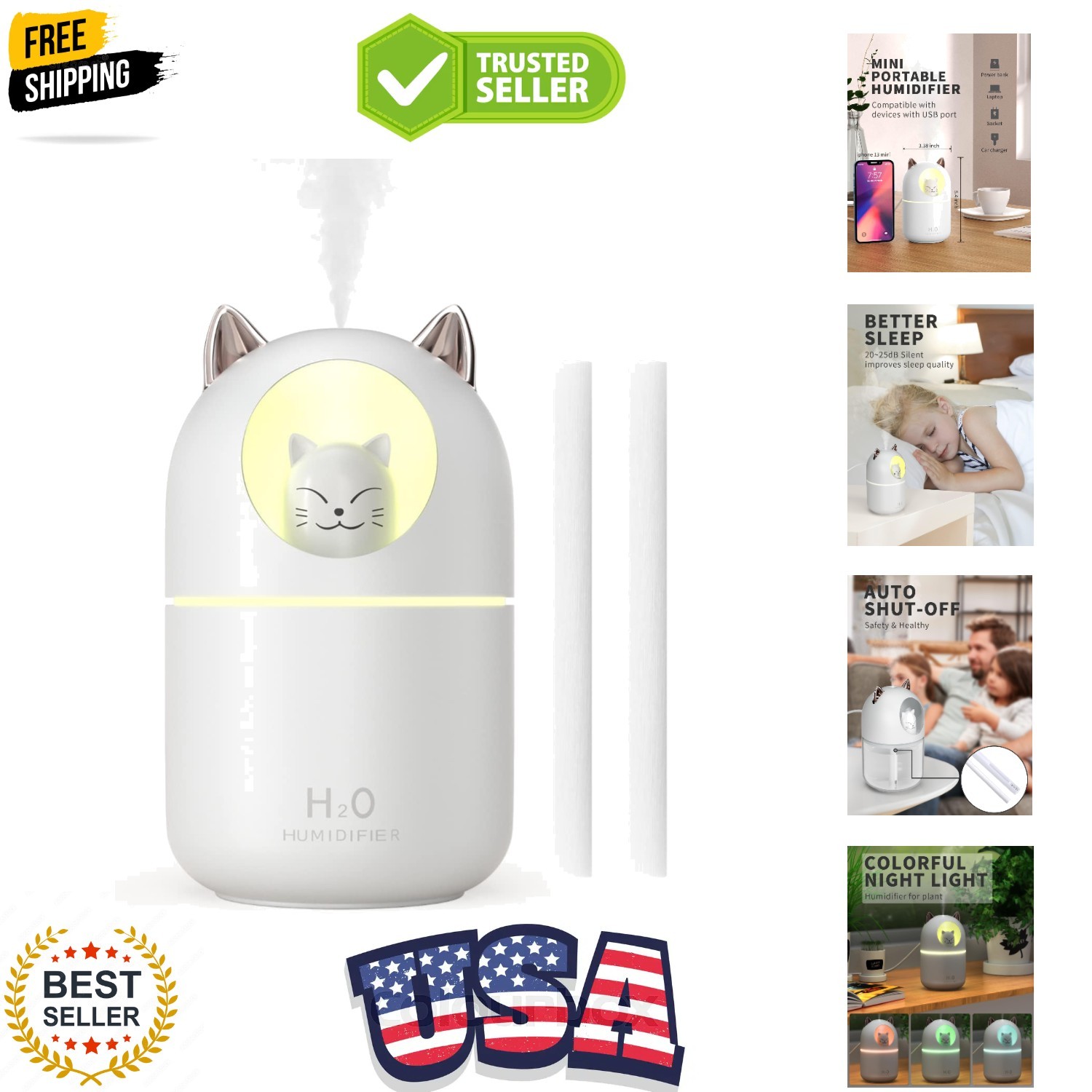 Cool Mist Humidifier,300ml Mini Humidifiers with Night Light,Waterless Auto-O...
