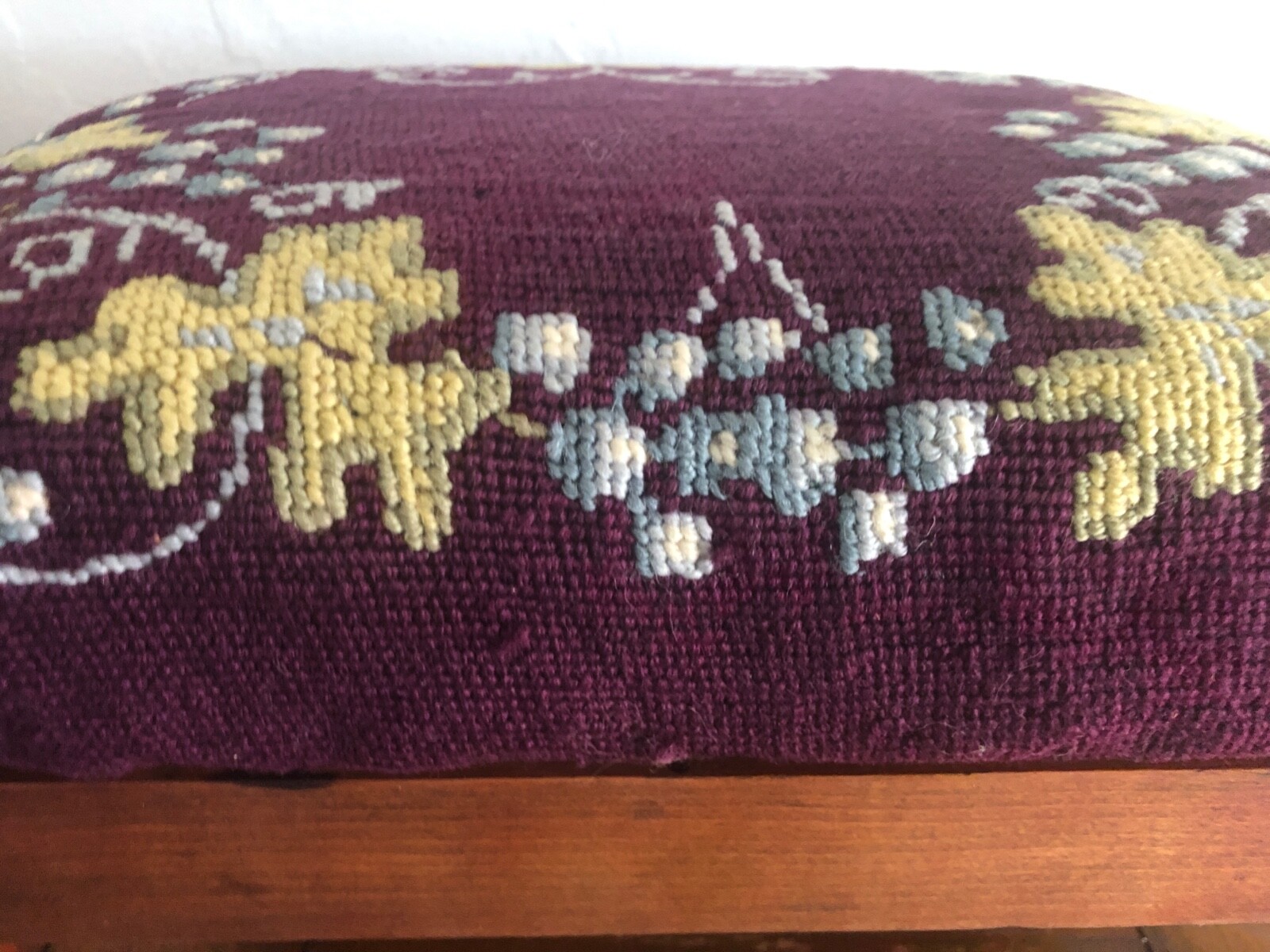 Antique Foot Stool Needlepoint Grapes & Leaf on Plum Background Wool 10" Tall