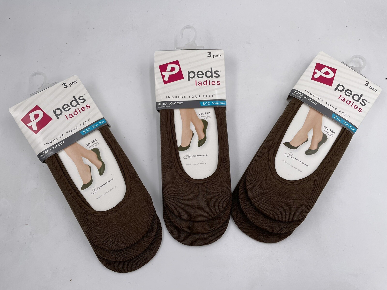 Lot Of (3) 3-Packs Of PEDS No Show Socks - Ultra Low Cut - Brown/Pinecone (8-12)