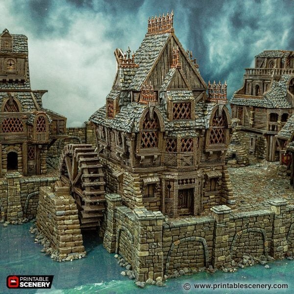 City Watermill Brickwork FDM 3D Printed Miniature Tabletop Terrain DND (32mm)