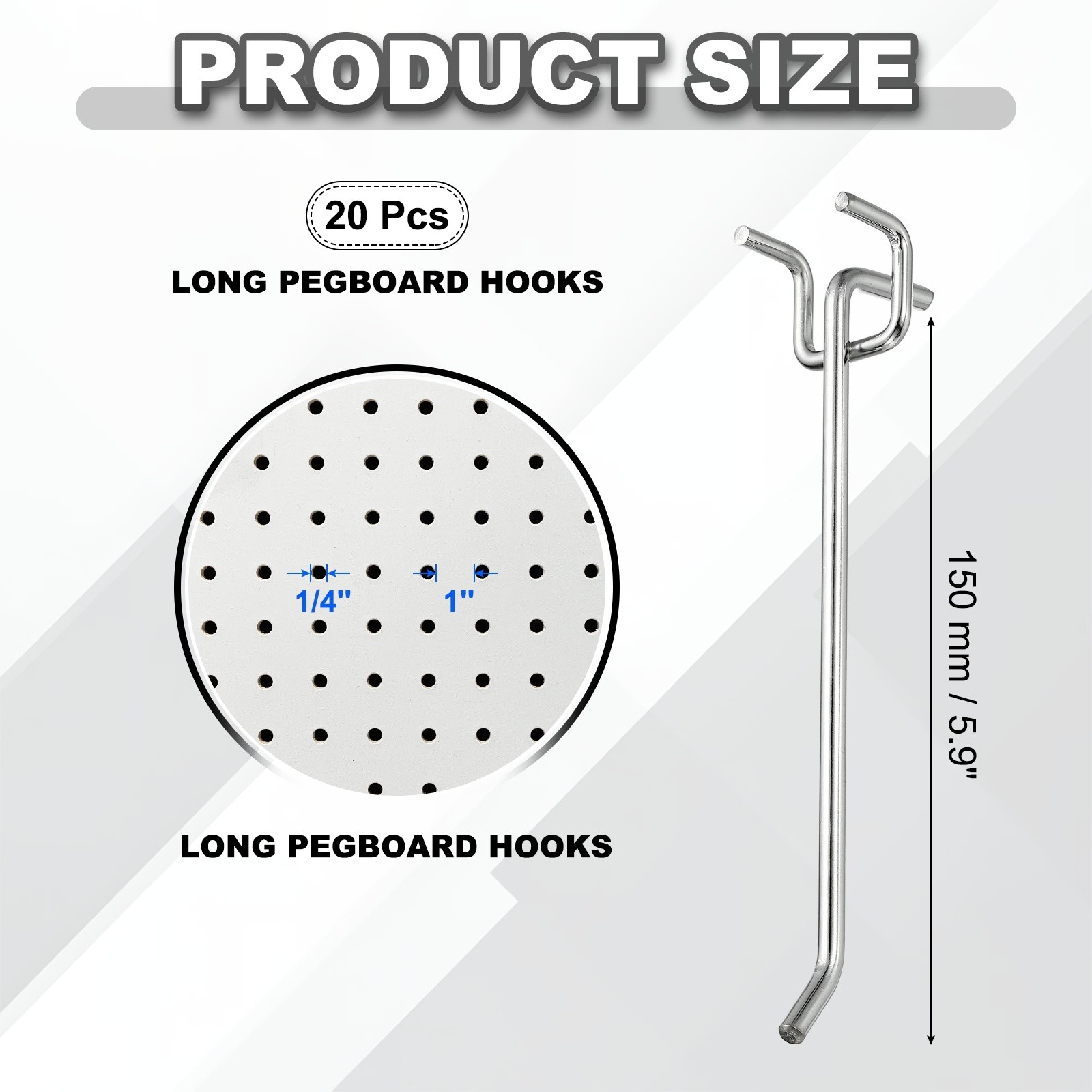 20 Pcs Pegboard Hooks, 5.9" Peg Board Hooks Kit, Silver Tone (1mm)