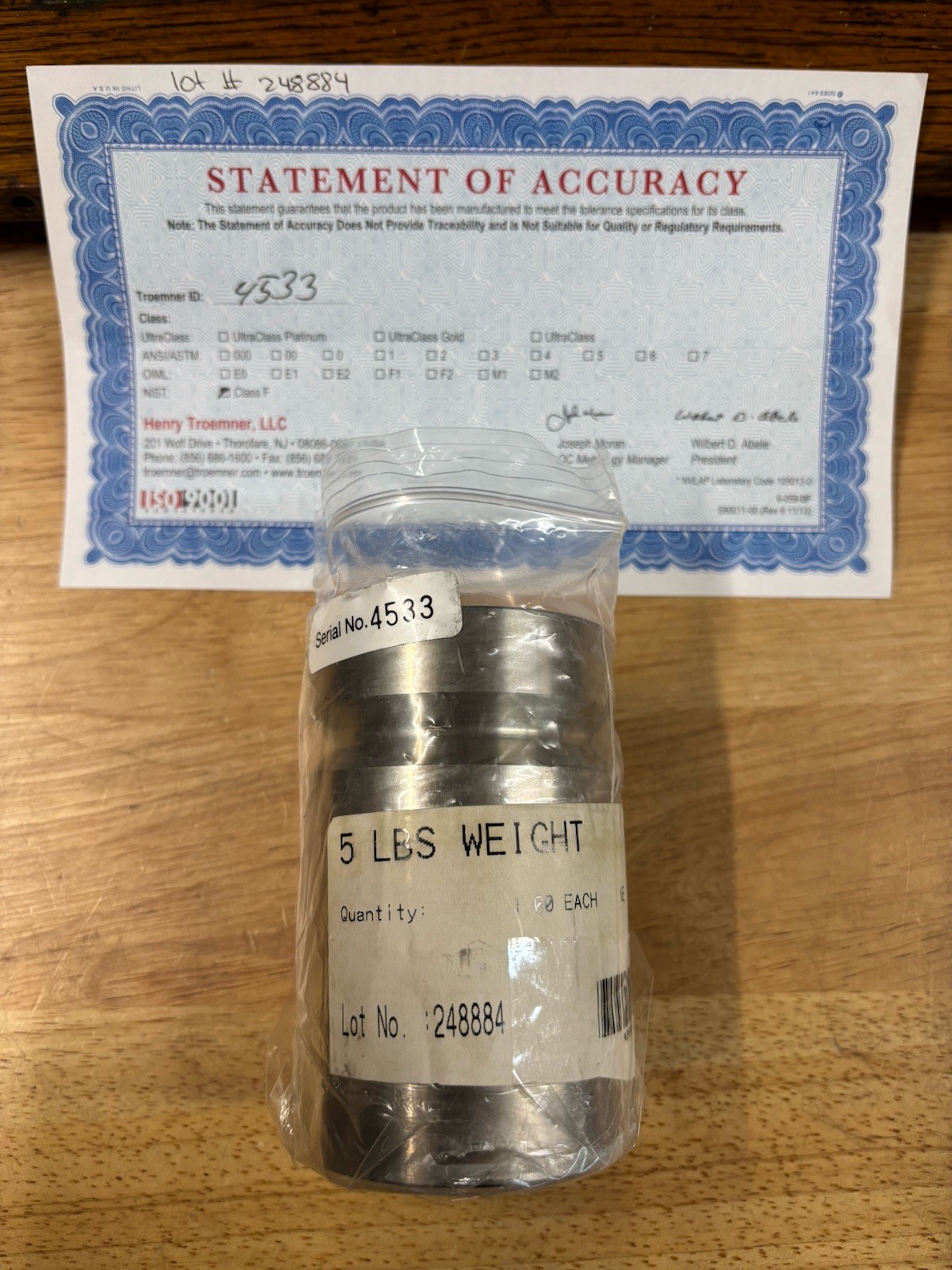 NEW- Troemner 5lb CYL Stainless Steel Test Weight Class F 5 lb w/NIST Cert Grove