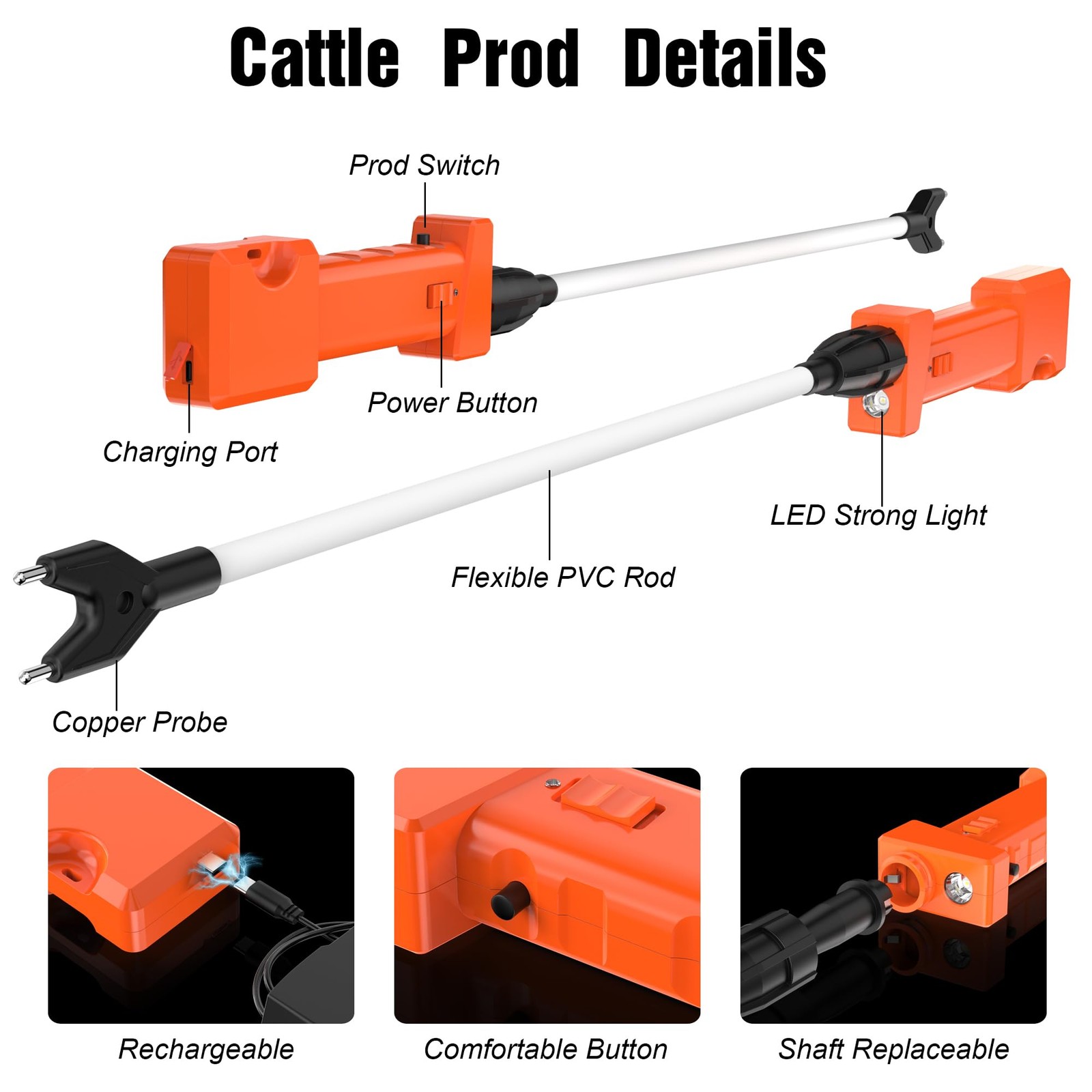 Cattle Prod Rechargeable with Led Light 34 inch, Waterproof Cattle Prod for D...