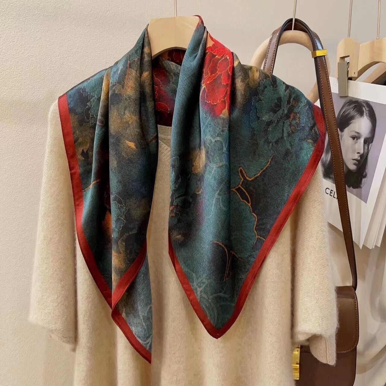26"X26"Red Peony Print Pure Mulberry Satin Silk 12momme Scarf 65x65cm 6-24