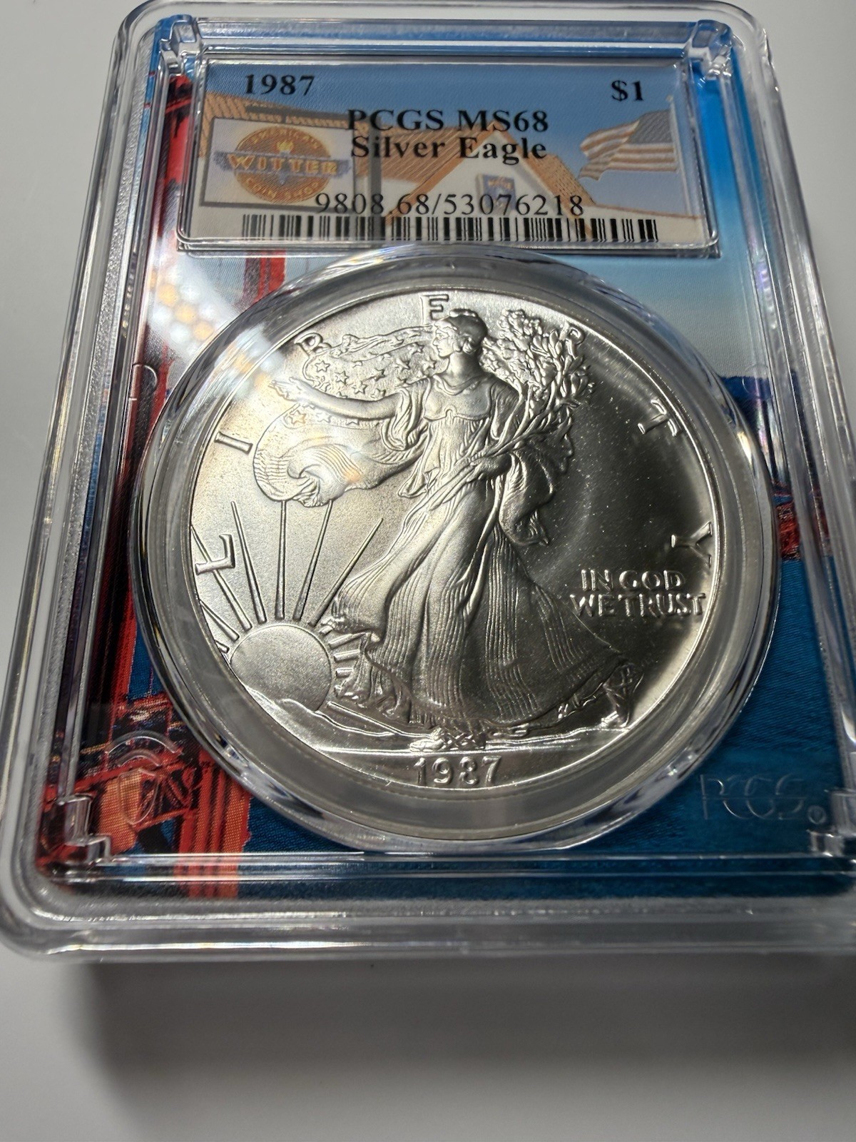 Silver Eagle MS68 1987 $1 PCGS Wittercoin Label Coin