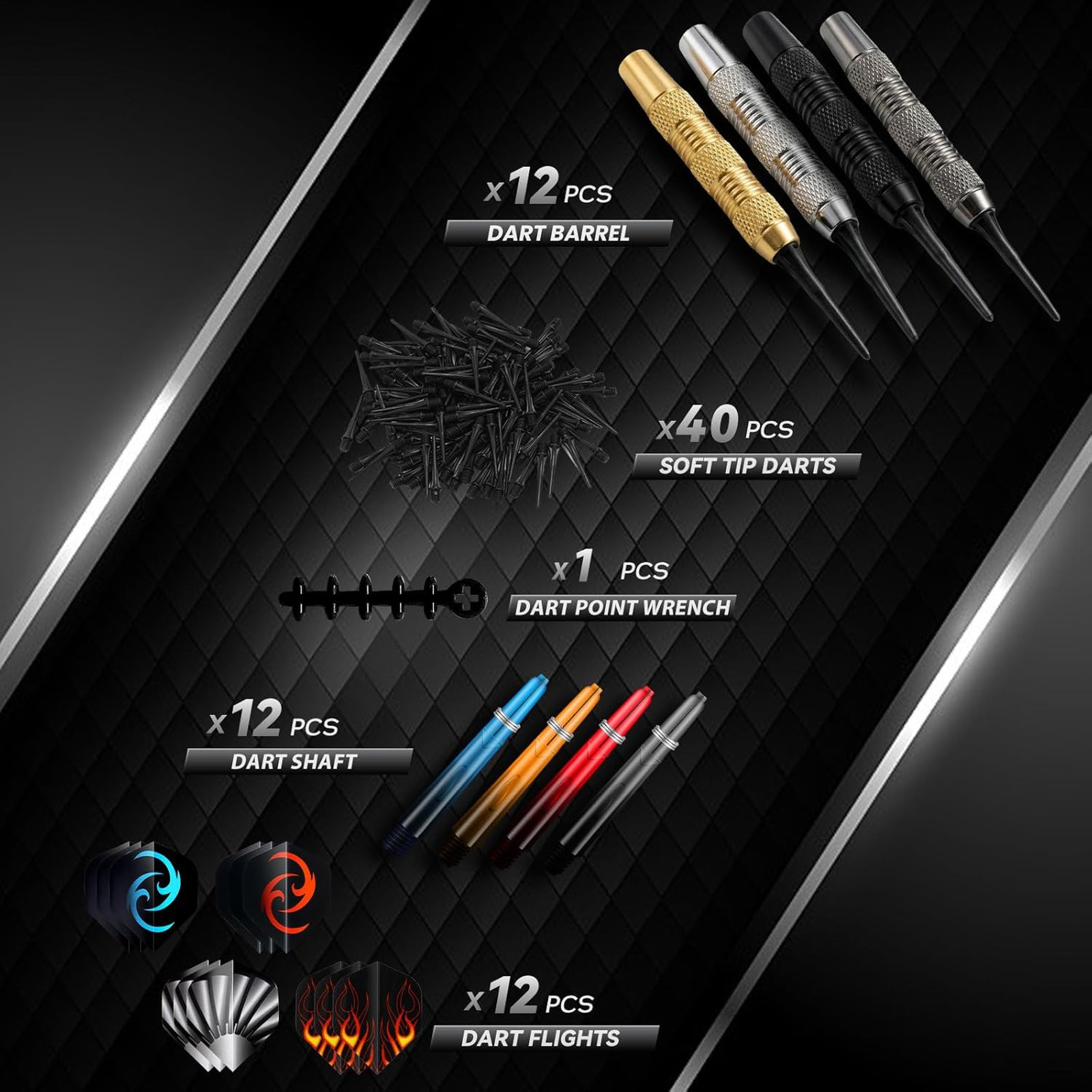 12 Pack Soft Tip Darts Set 17g with Flights Case Wrench Extra Tips for