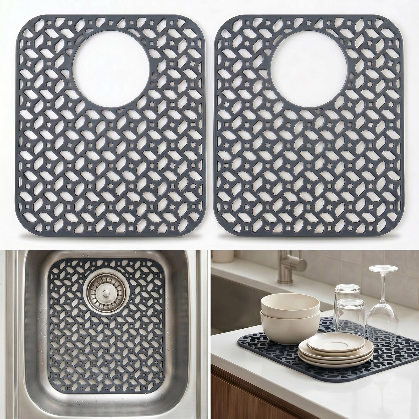 Sink Protectors for Kitchen Sink, 13.5" x 11.4" Non-Slip Silicone Sink Mat Gr...