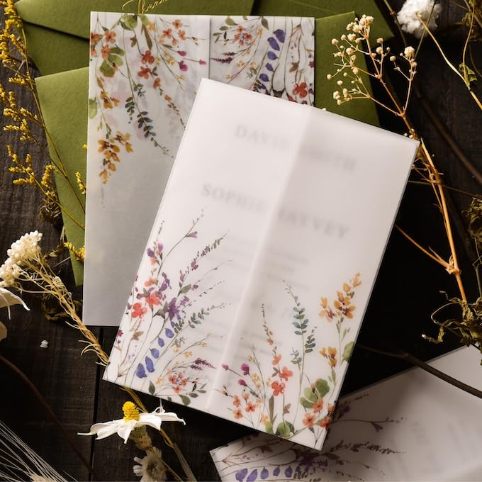 50 Pack Wildflower Printed Pre-Folded Vellum Jackets for 5x7 Invitations - 11...