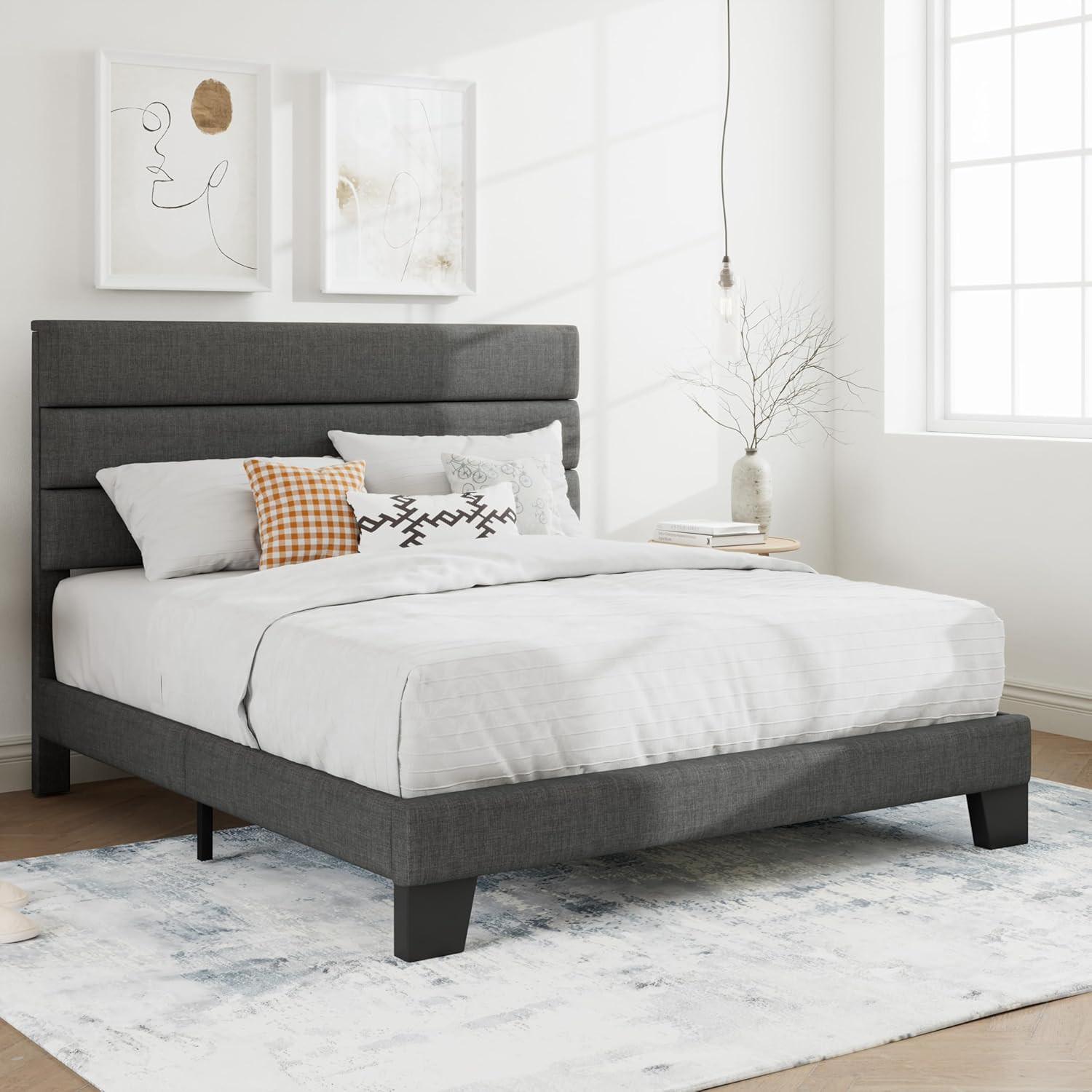 Elegant Grey Queen Platform Bed Frame with Upholstered Headboard & Slats