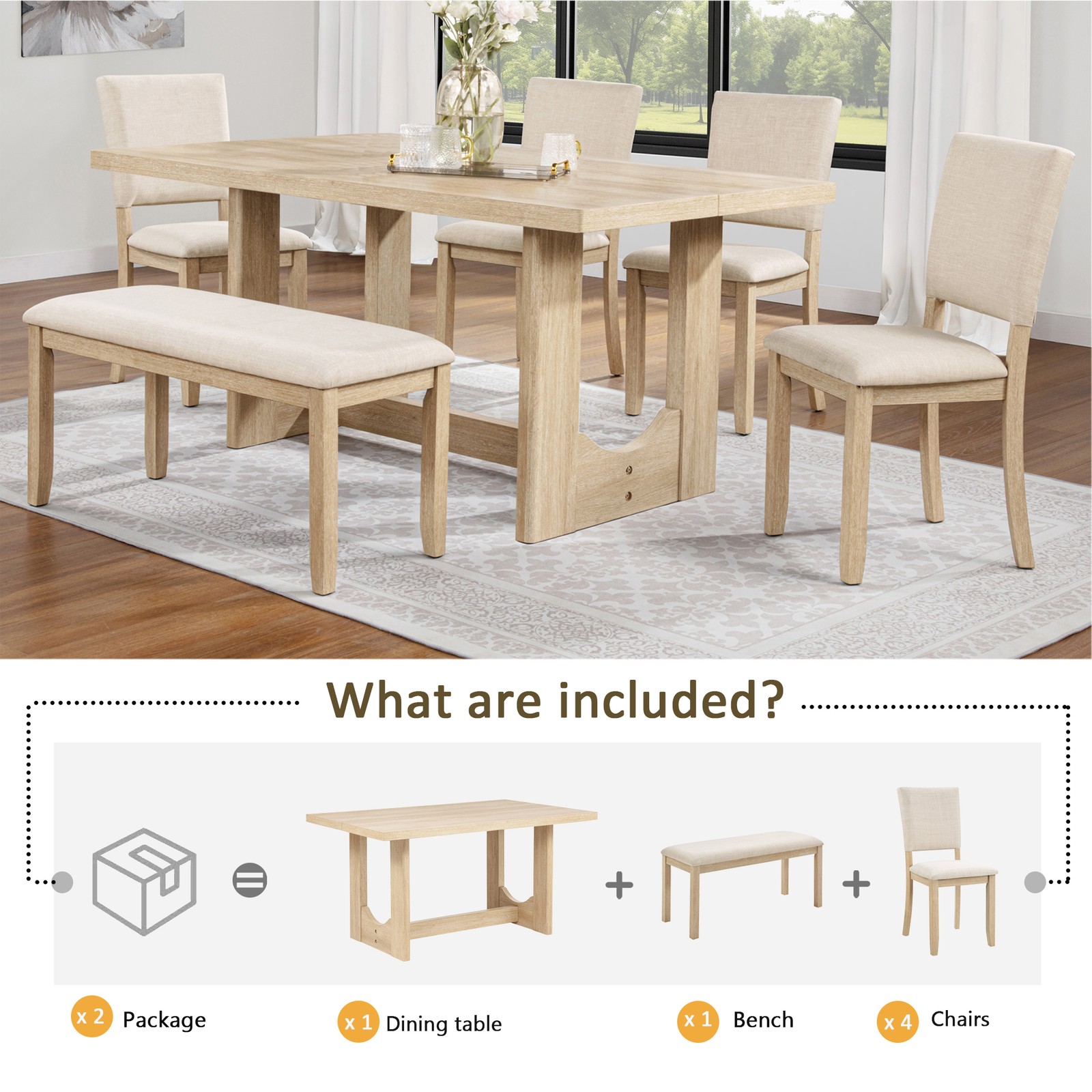 6-Piece Dining Set with Bench & Rectangular Wooden Table & 4 Upholstered Chair
