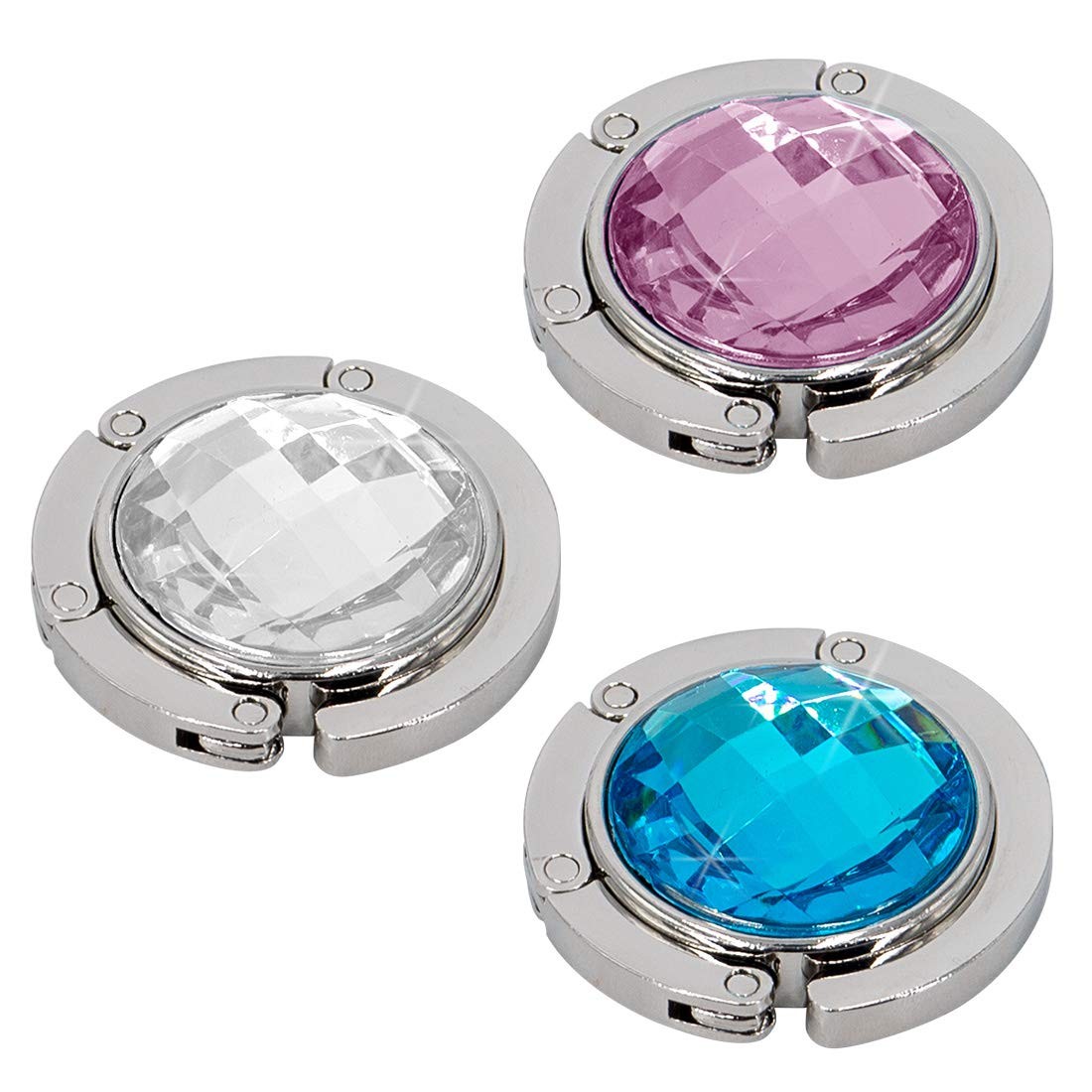 3 Pcs Foldable Purse Hook Handbag Hanger Rhinestone Bag Holder White Pink Blue