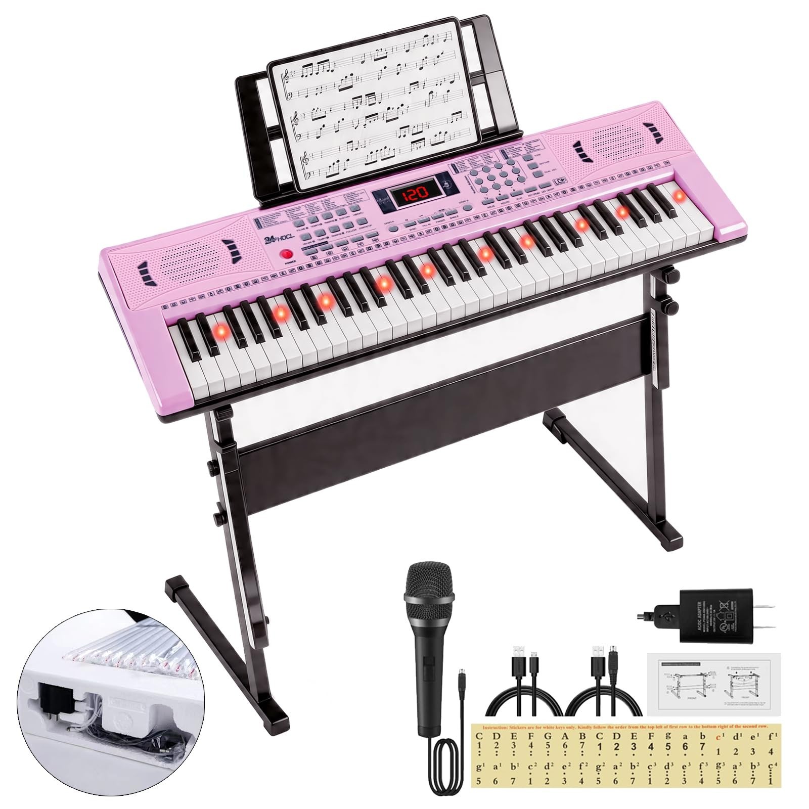 Electronic Keyboard Piano 61 Lighted Keys for Kids (Pink with Stand) | Kids K...