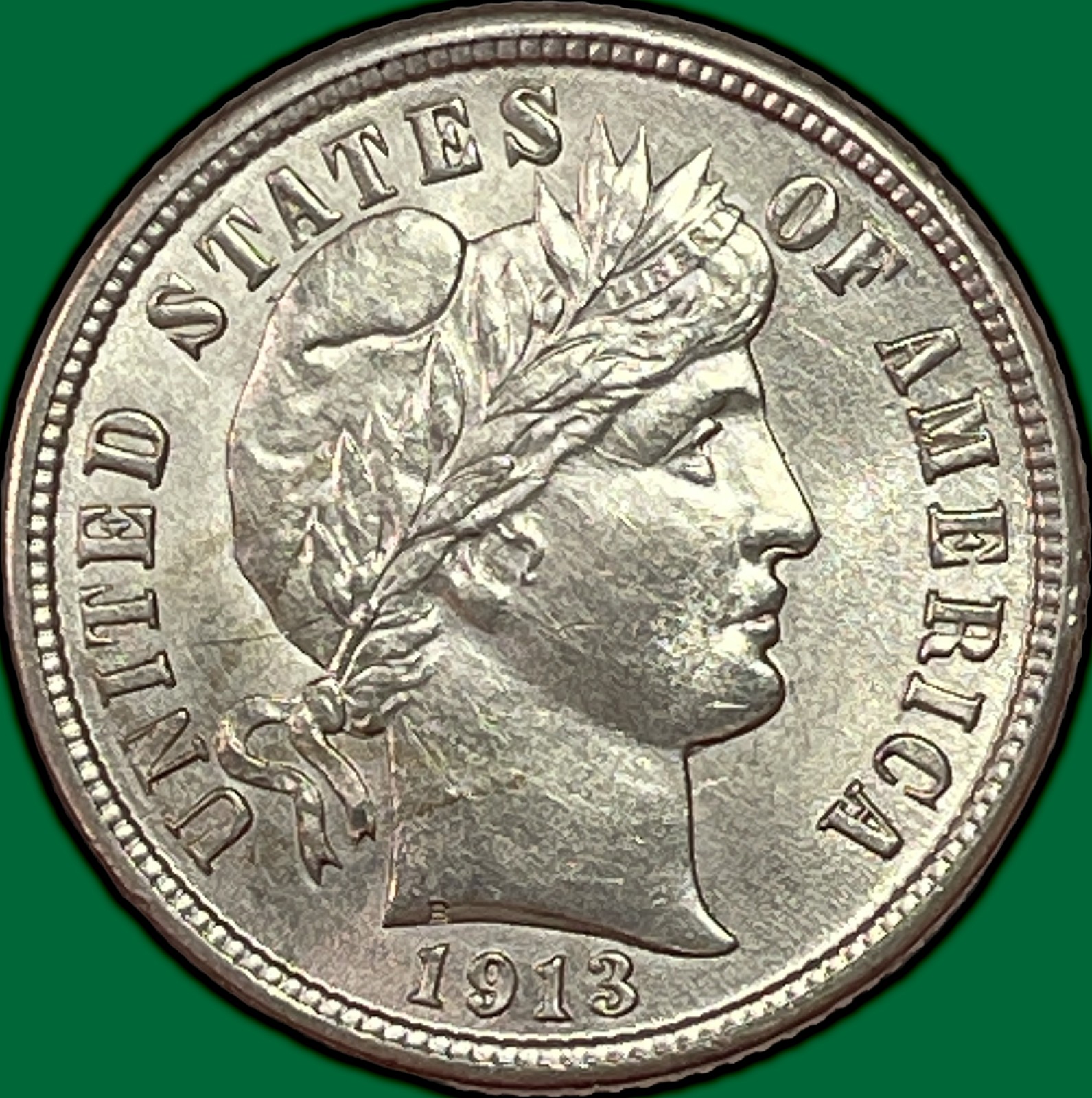 1913 Barber Dime Uncirculated UNC Coin, Very Faint Cleaning #39339