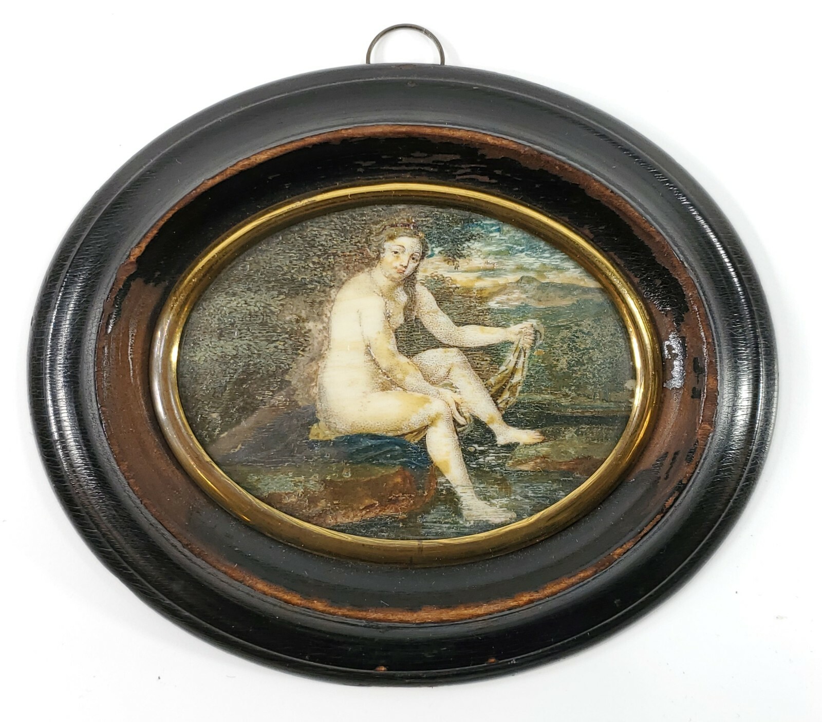 Antique Miniature Painting Rubenesque in Style Woman Bathing by a River