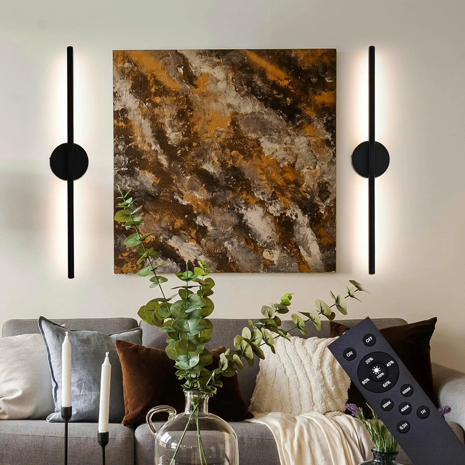 Black Battery Operated Wall Sconces Set of 2，27.5 Inch Wireless Rechargeable NOB