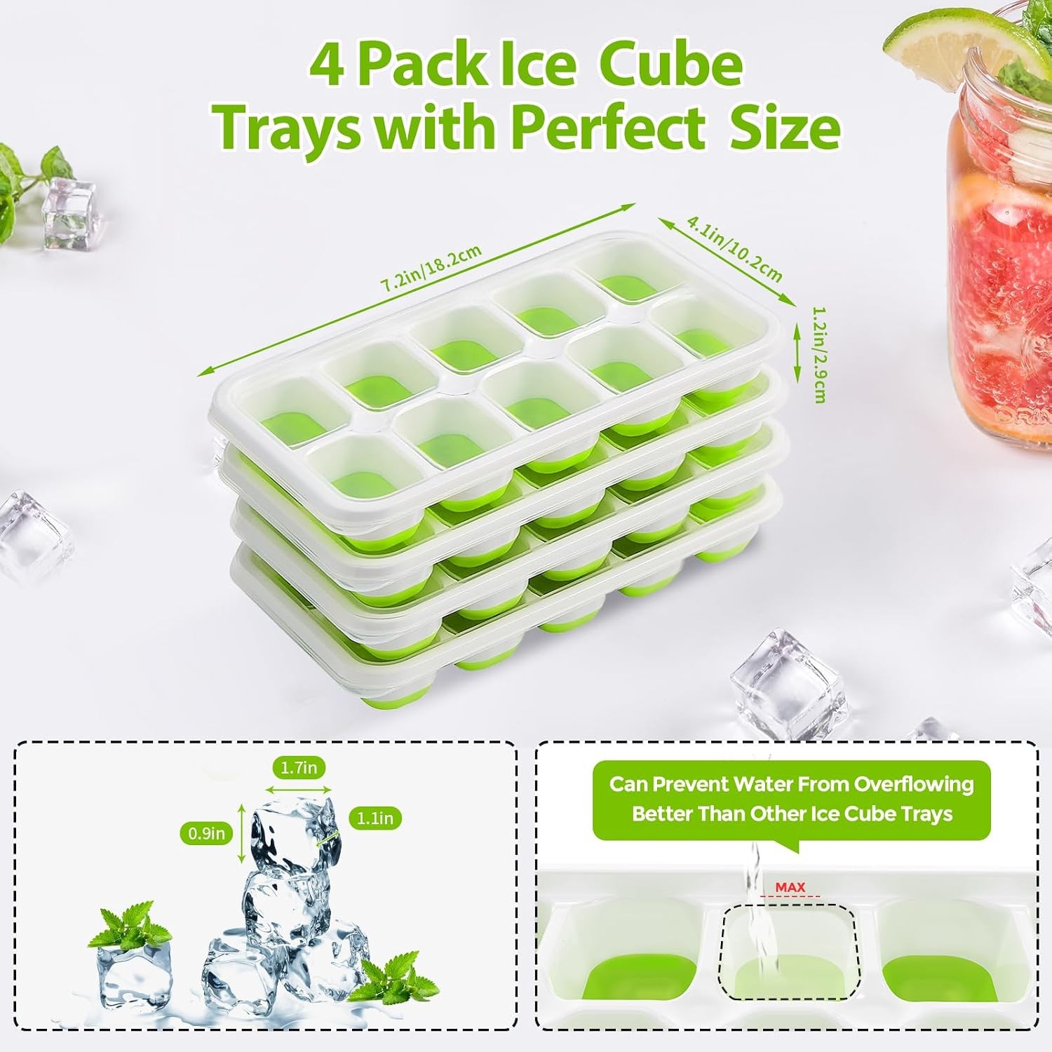 Ice Cube Tray with Lids - 4 Pack Stackable Silicone Ice Trays for Freezer, BPA &