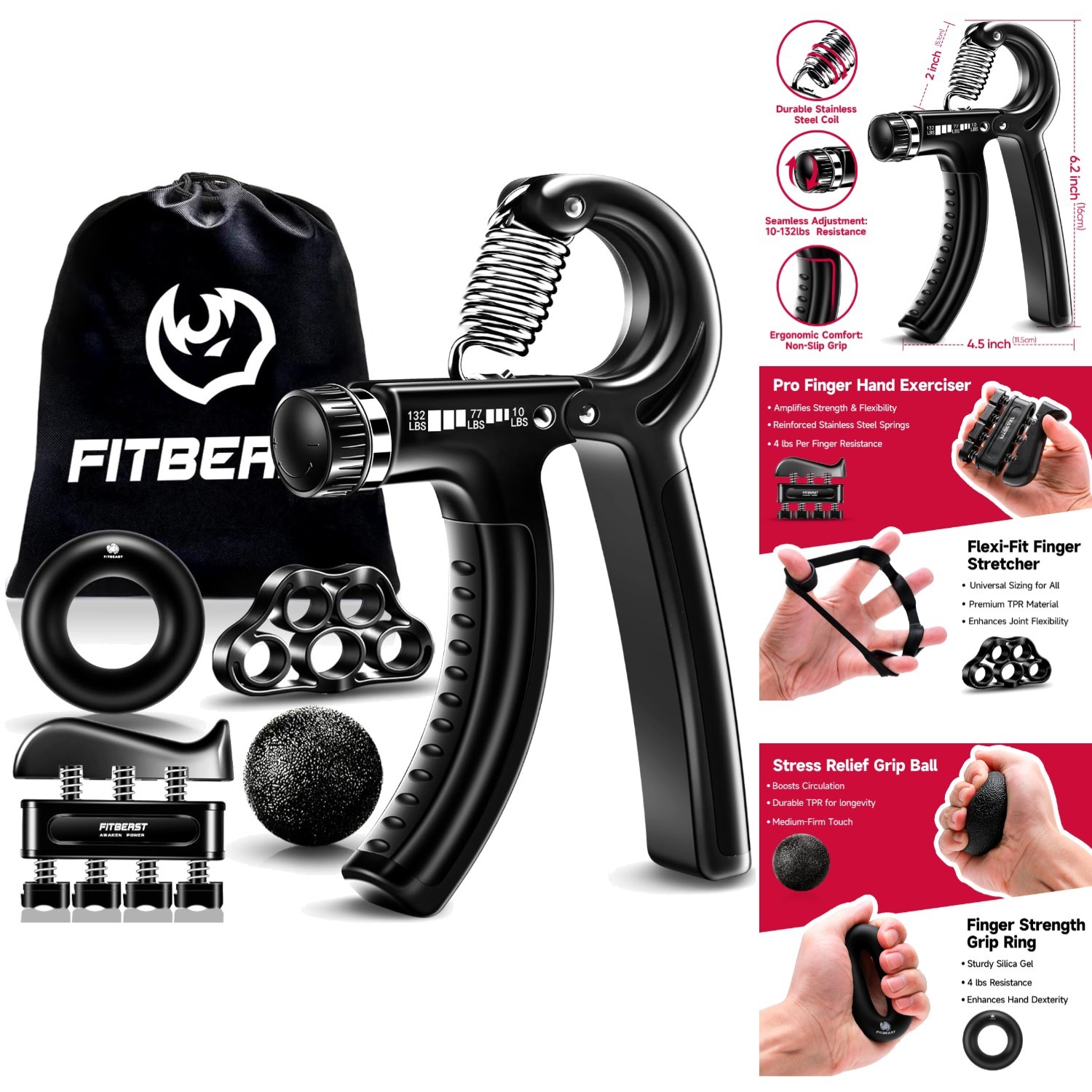 Grip Strength Trainer Hand Exerciser Forearm Strengthener Workout Kit 5 Pack Set