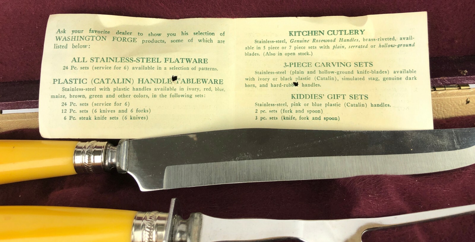 Vintage Washington Forge Butterscotch Bakelite Handle Carving Set Original Box