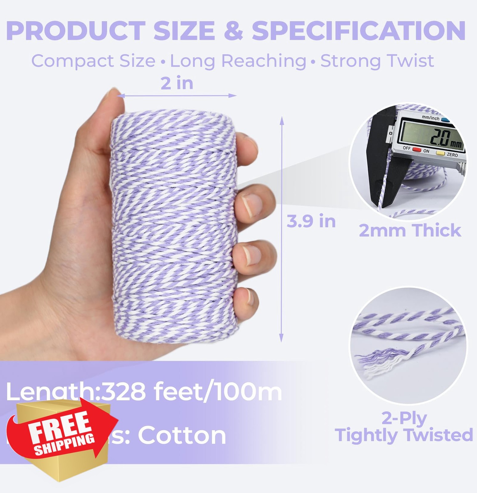 Lilac White Cotton Twine String 328ft 2mm Thick Crafts Gift Wrap