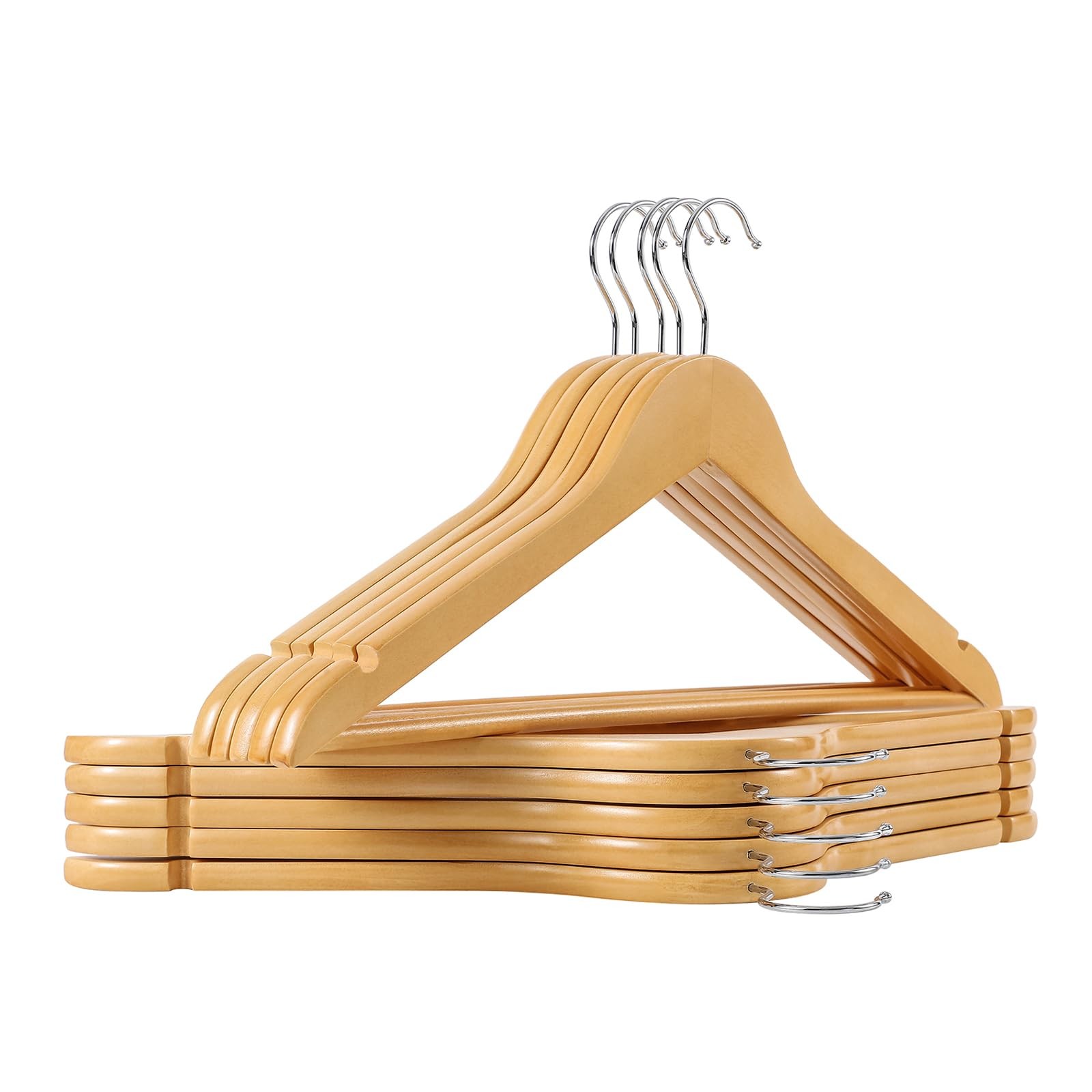 20 Pack Hanger Natural Color Wood Suit Hangers with Round bar and 360° Rota-T...