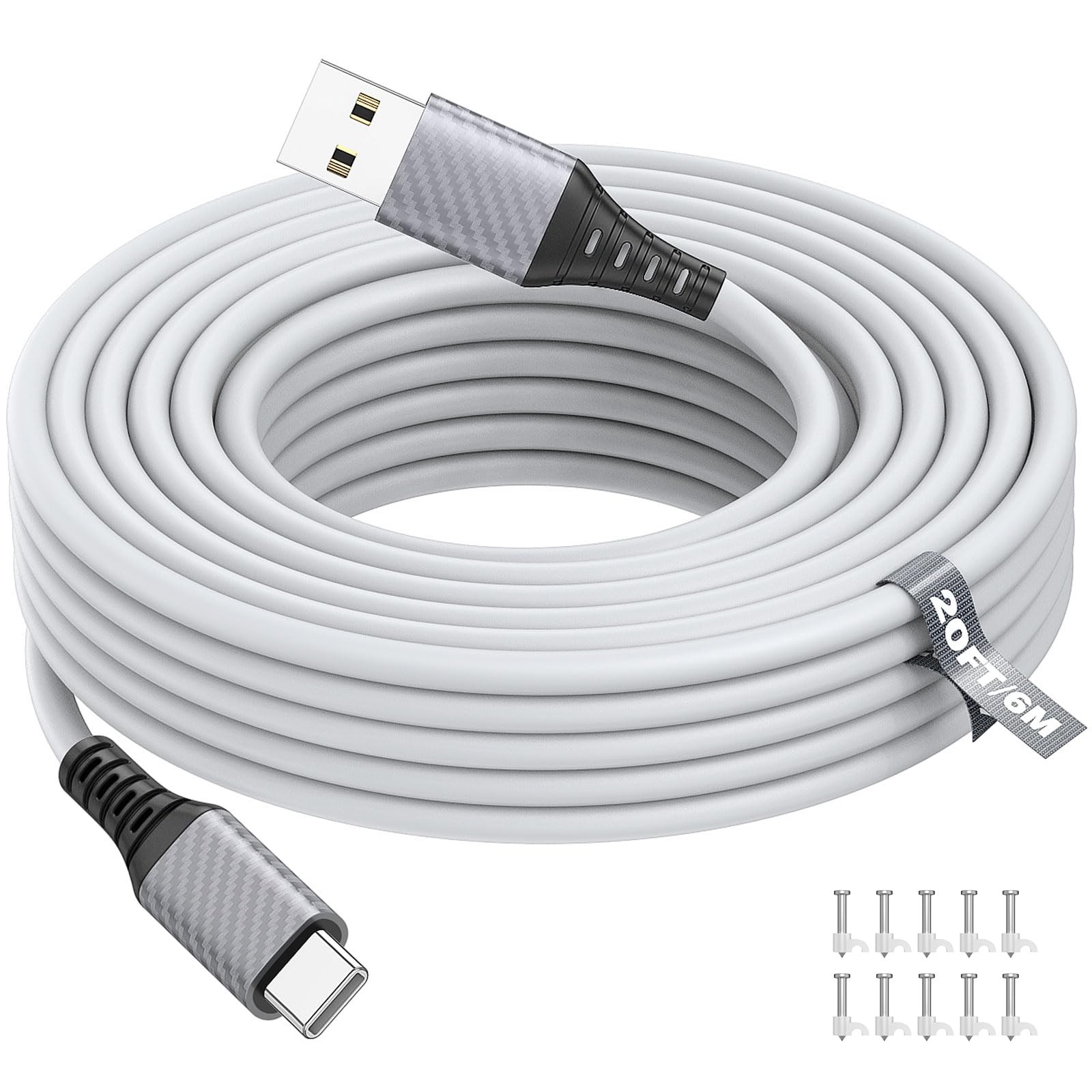 ASKUBSKU 20FT/6M USB to C Power Cable for CCTV Camera, 27W Max Type White