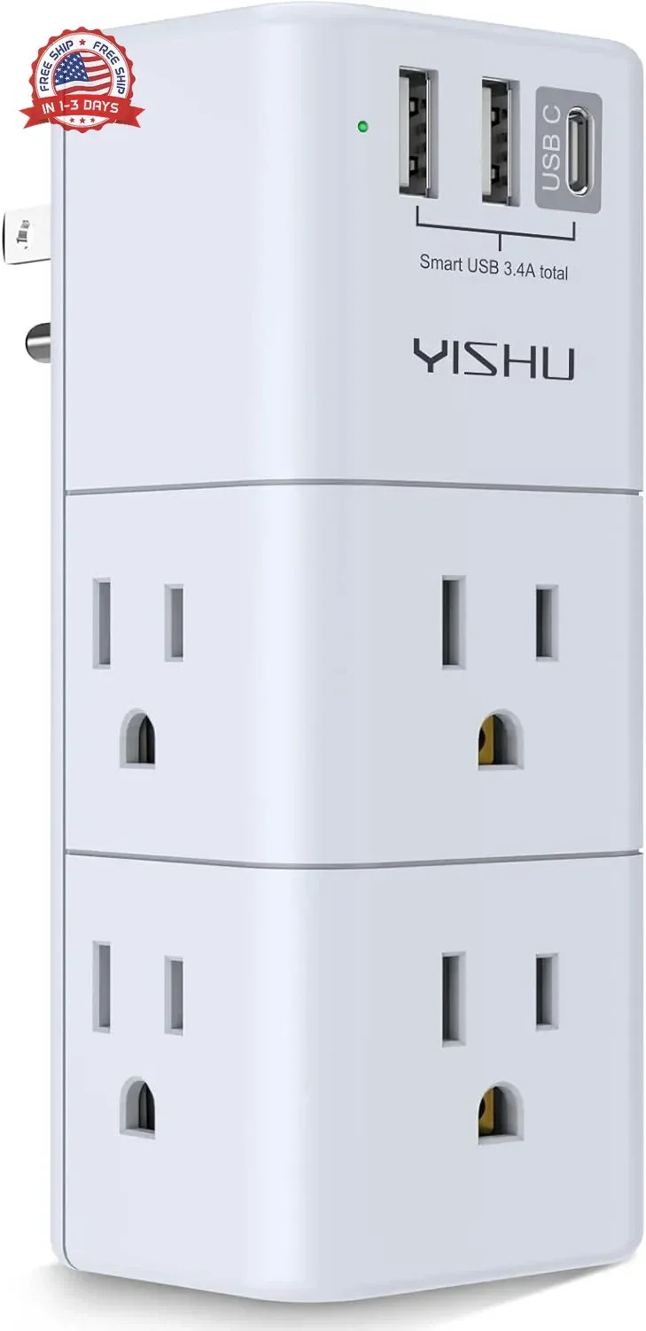 6 AC Outlet Extender 3 USB Ports Rotating Plug Surge Protector 900 Joules for Tr