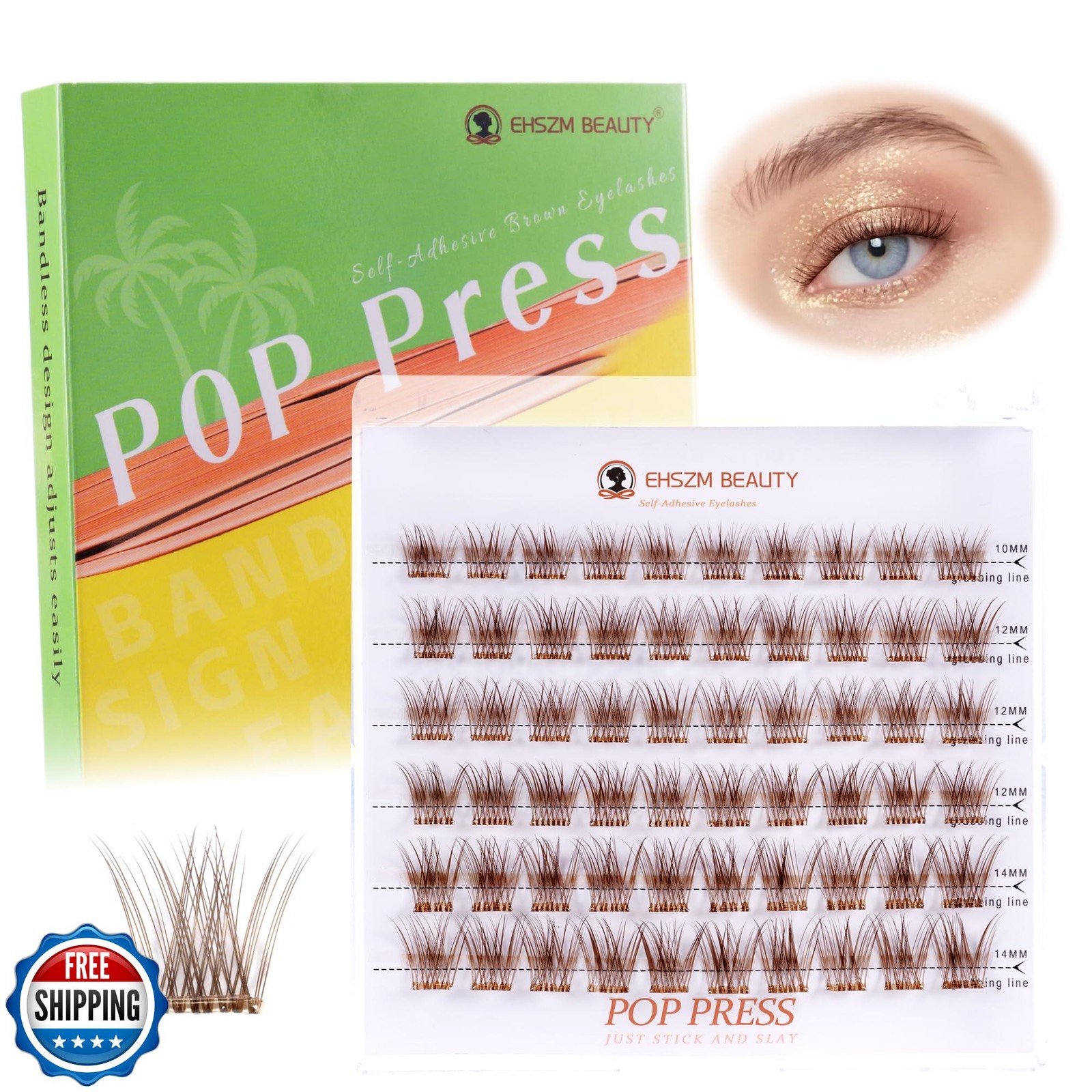 POP PRESS Brown Self Adhesive Eyelash Clusters - 10-14mm, Pre-Glued Press-On,
