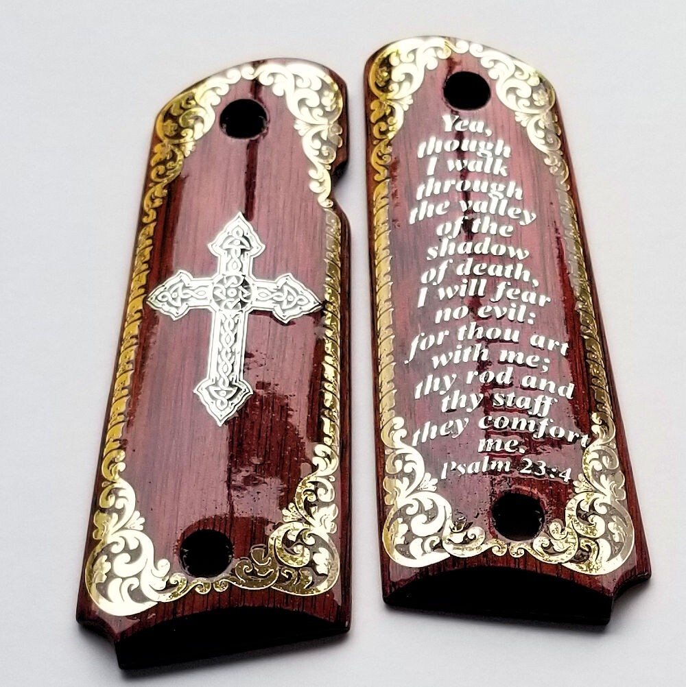 1911 full size custom engraved wood grips gold silver Psalm 23:4 Cross