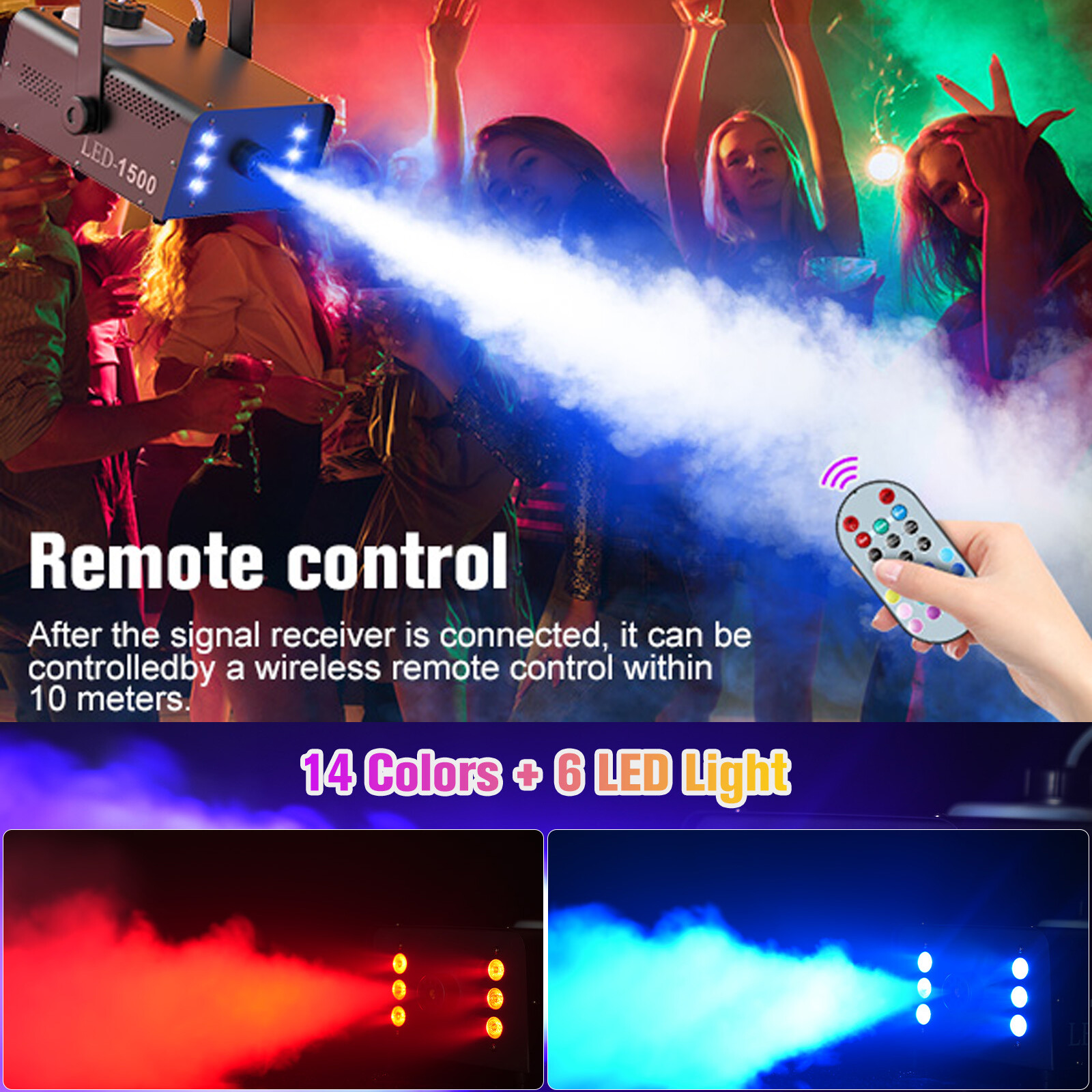 1500W Fog Smoke Machine 6LED RGB Light Fogger 18000cu.ft/min Portable Remote USA