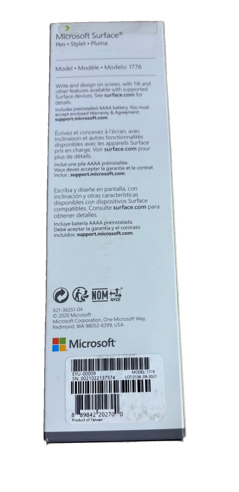 Microsoft Model 1776 EYU00009 Surface Pen Stylet Open Package