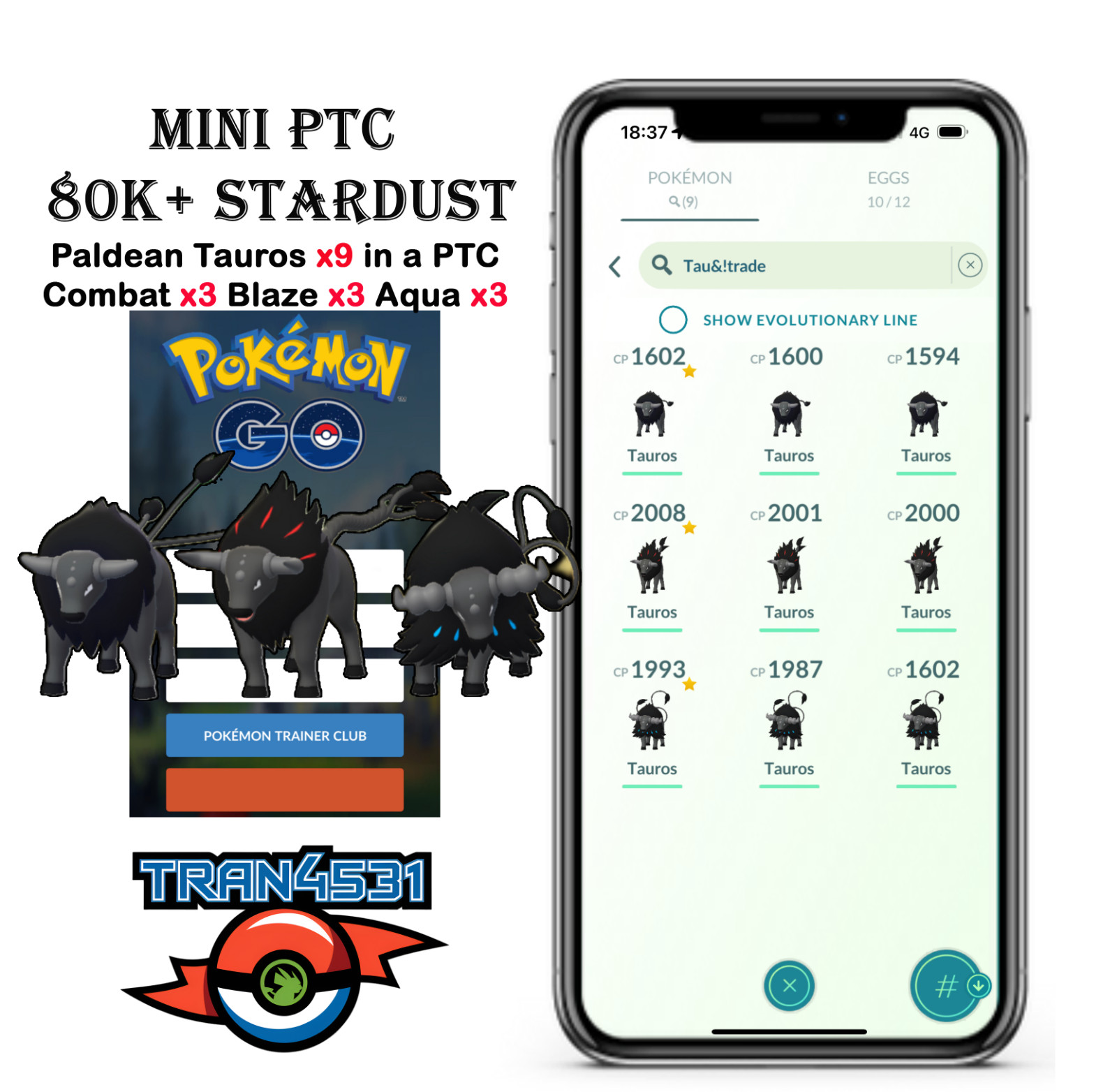 Paldean Tauros x9 (Combat, Blaze, Aqua) - Mini PTC 80k Stardust