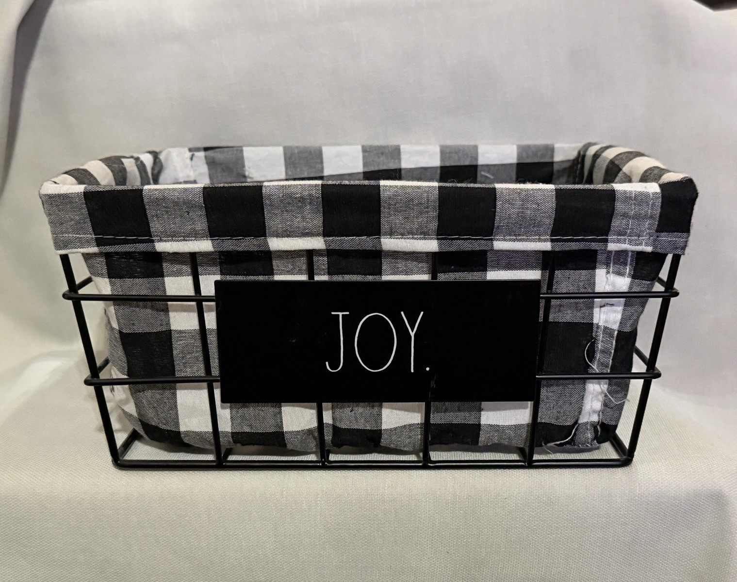 Rae Dunn Black Metal Wire Storage Basket, Check Fabric Liner, JOY, Handles