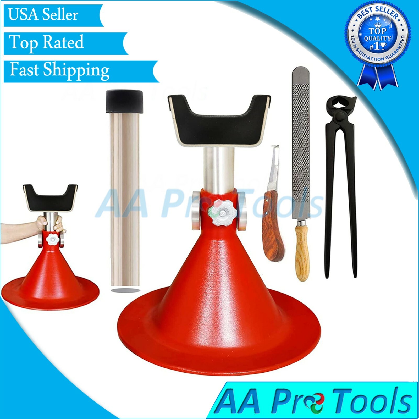 Standard Base Hoof Stand Adjustable (RED) with Hoof Rasp, Nipper & Hoof Knife