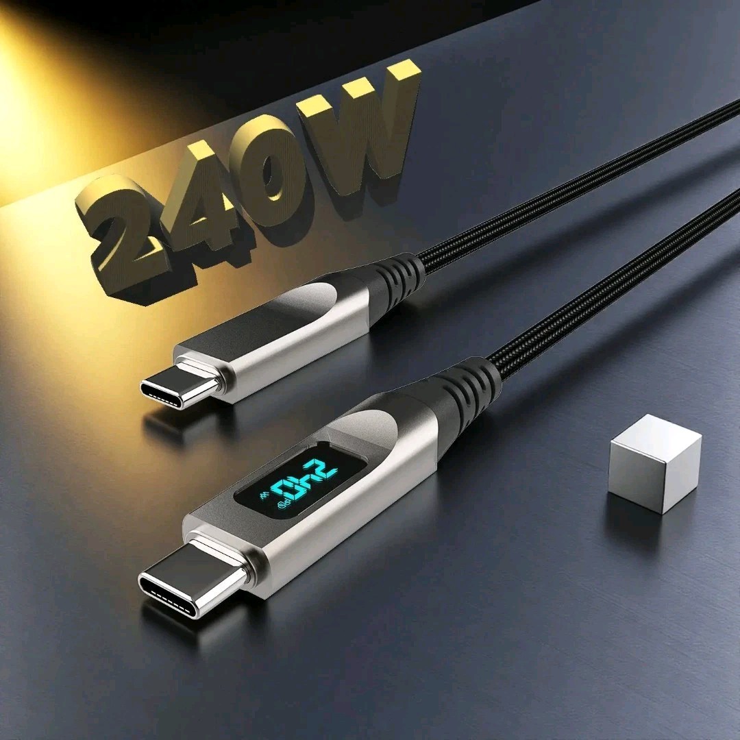 USB-C to USB-C 240W Fast Charging Cable Digital Display Nylon Braided Black/Gray