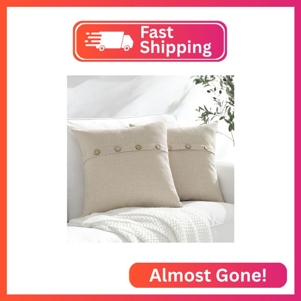 Meekio Set of 2 Biscotti Beige Square Pillow Covers 16 x 16 Farmhouse Linen Pill
