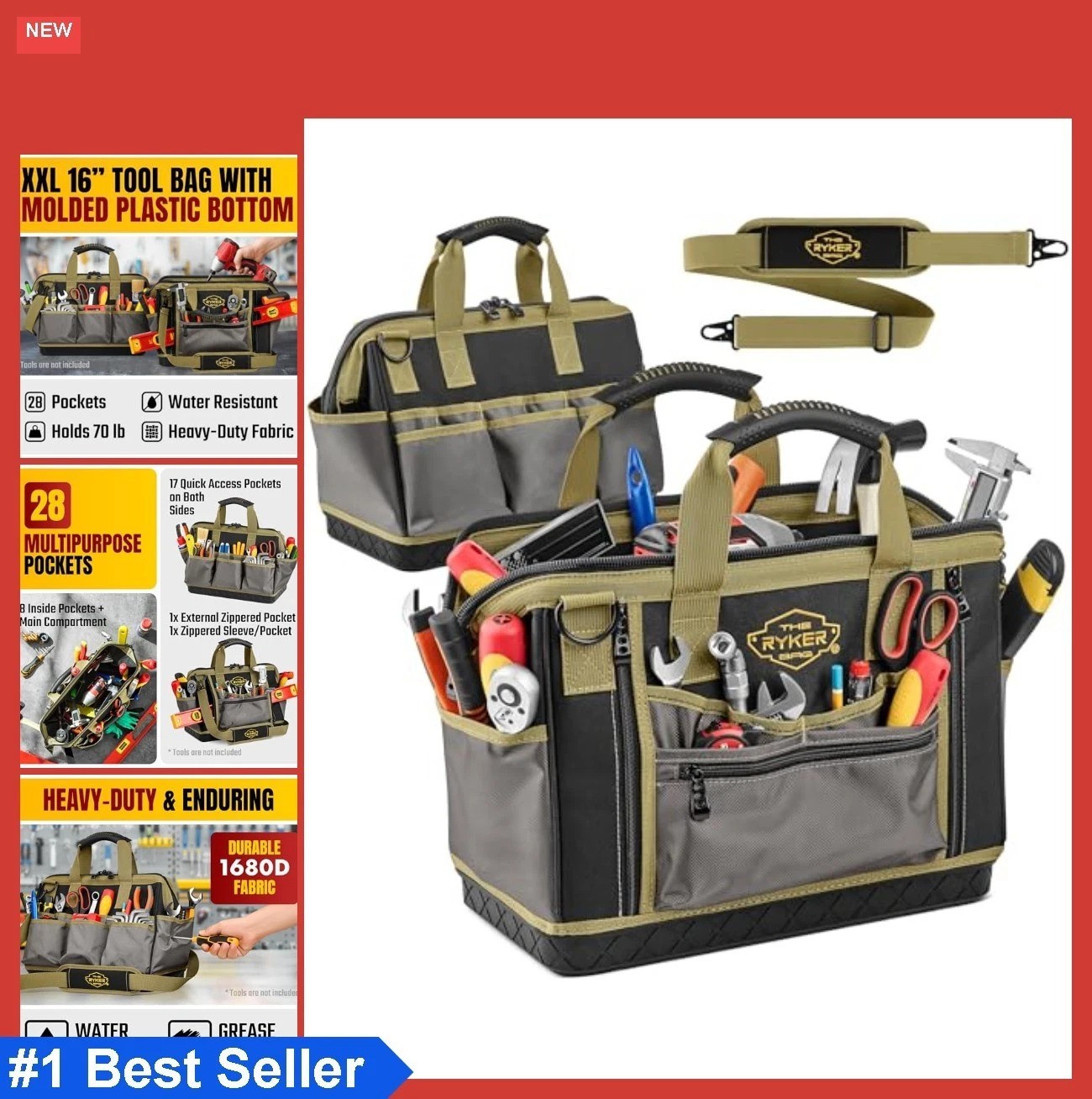 Heavy Duty Tool Bag 16 Inch 28 Pockets Waterproof 1680D Shoulder Strap