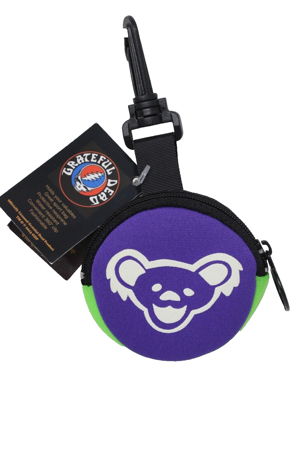 Rare Grateful Dead 2013 Tag-a-long Bear Head Coin Purse Neoprene 360 Clip Purple